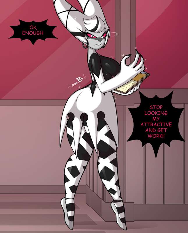 angry face, breasts, carmilla carmine, doc.b, female, hazbin hotel, standing