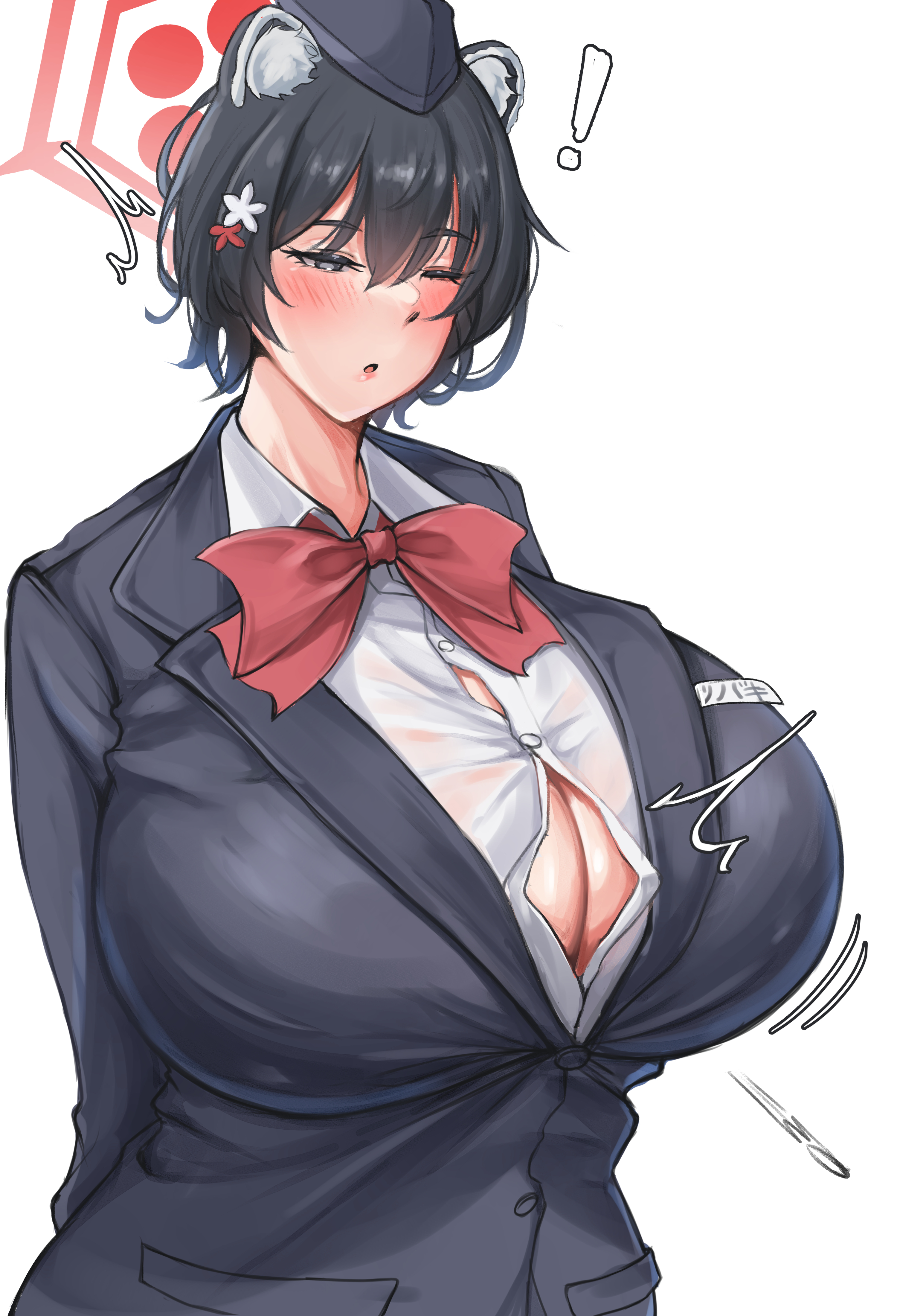 1girls, animal ears, big breasts, black hair, blue archive, bowtie, breasts, busty, curvaceous, curvy, curvy body, curvy female, curvy figure, female, huge breasts, inconvenient breasts, large breasts, minori (user eket5233), one eye closed, popped button, tsubaki (blue archive), voluptuous