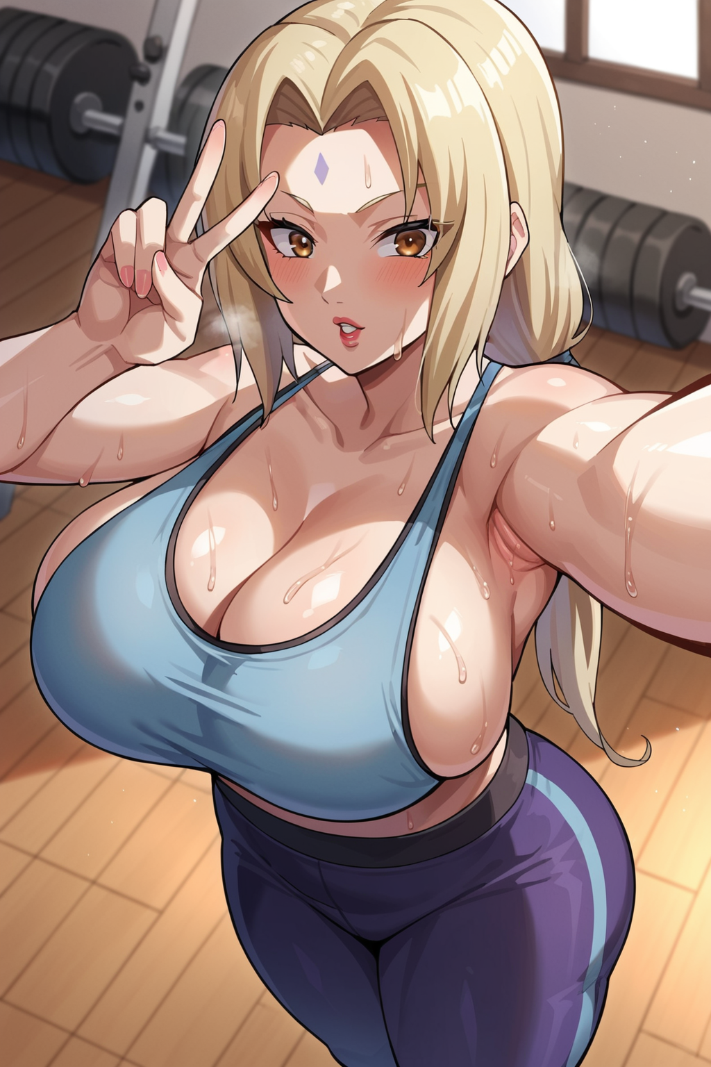 1girls after_exercise after_workout ai_generated armpits ass athletic athletic_female big_ass big_breasts big_butt blonde_hair blush boruto:_naruto_next_generations breasts brown_eyes child_bearing_hips cleavage clothed clothed_female clothes clothing female female_focus female_only fit fit_female forehead_jewel front_view fully_clothed ghost141000 gym gym_clothes gym_uniform indoors large_breasts legs_together light-skinned_female light_skin lipstick long_hair makeup mature mature_female milf nai_diffusion nail_polish naruto naruto_(classic) naruto_(series) naruto_shippuden painted_nails peace_sign pink_lips pink_lipstick pinup red_nails selfie shounen_jump solo solo_female solo_focus sports_bra stable_diffusion sweat sweatdrop sweating sweaty sweaty_body tied_hair tight_clothing tight_pants toned toned_female tsunade twintails v_sign voluptuous workout workout_clothes yoga_pants