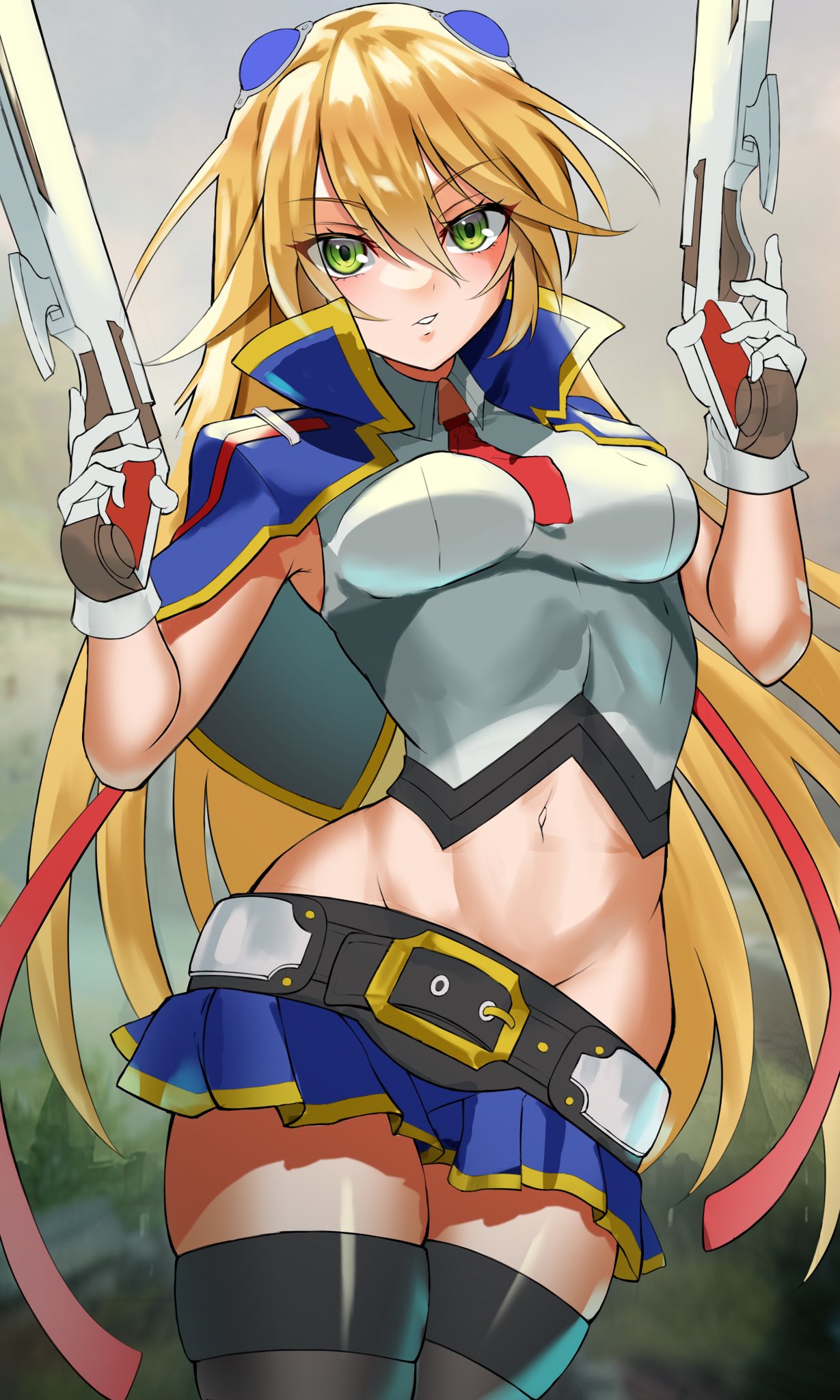 1girls, arc system works, belly button, blazblue, blonde hair, breasts, curvy, female, female only, gloves, green eyes, gun, highres, legs, light skin, light-skinned female, long hair, looking at viewer, medium breasts, midriff, navel, necktie, noel vermillion, parted lips, sato one1, sensual, skirt, solo, thick thighs, thighs, weapon