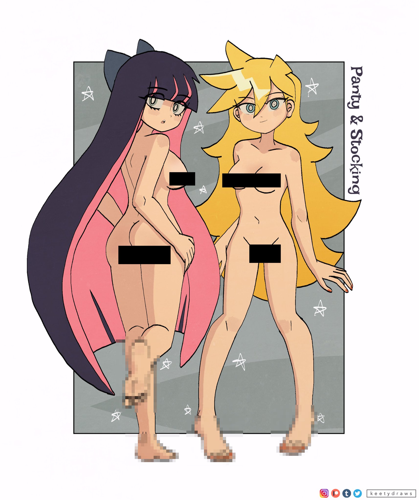 ass, bar censor, breasts, censored, female, female artist, kt-draws, mosaic censoring, nude, panty & stocking with garterbelt, panty anarchy, stocking anarchy, table, tagme