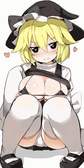 ass bangs big_breasts bikini_top black_bikini_top black_eyes black_footwear black_hat black_skirt blonde_hair blush breasts clothes_lift cookie_(touhou) eyebrows_visible_through_hair female full_body hair_between_eyes hat heart heart-shaped_pupils large_breasts looking_at_viewer marisa_kirisame mary_janes micro_bikini panties pleated_skirt shadow shoes short_hair simple_background sitting skirt sleeves_past_fingers sleeves_past_wrists smile solo symbol-shaped_pupils thighhighs thighs touhou underwear white_legwear white_panties white_underwear witch_hat yuuhi_(cookie)