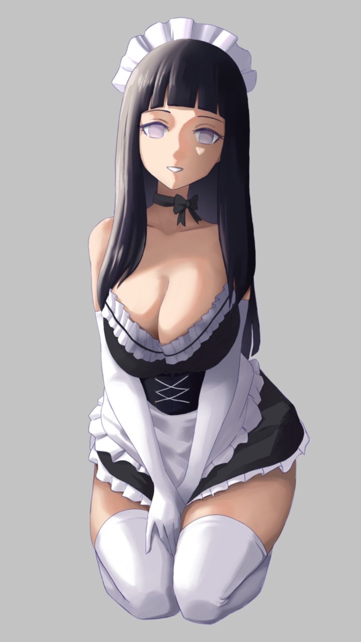 1girls big_breasts blue_hair boruto:_naruto_next_generations choker cleavage eggtartart elbow_gloves gloves grey_background hands_between_legs hyuuga_hinata kneeling light-skinned_female long_hair looking_at_viewer maid maid_headdress maid_uniform milf naruto naruto_(series) naruto_shippuden opera_gloves smile smiling stockings thick_thighs thigh_highs