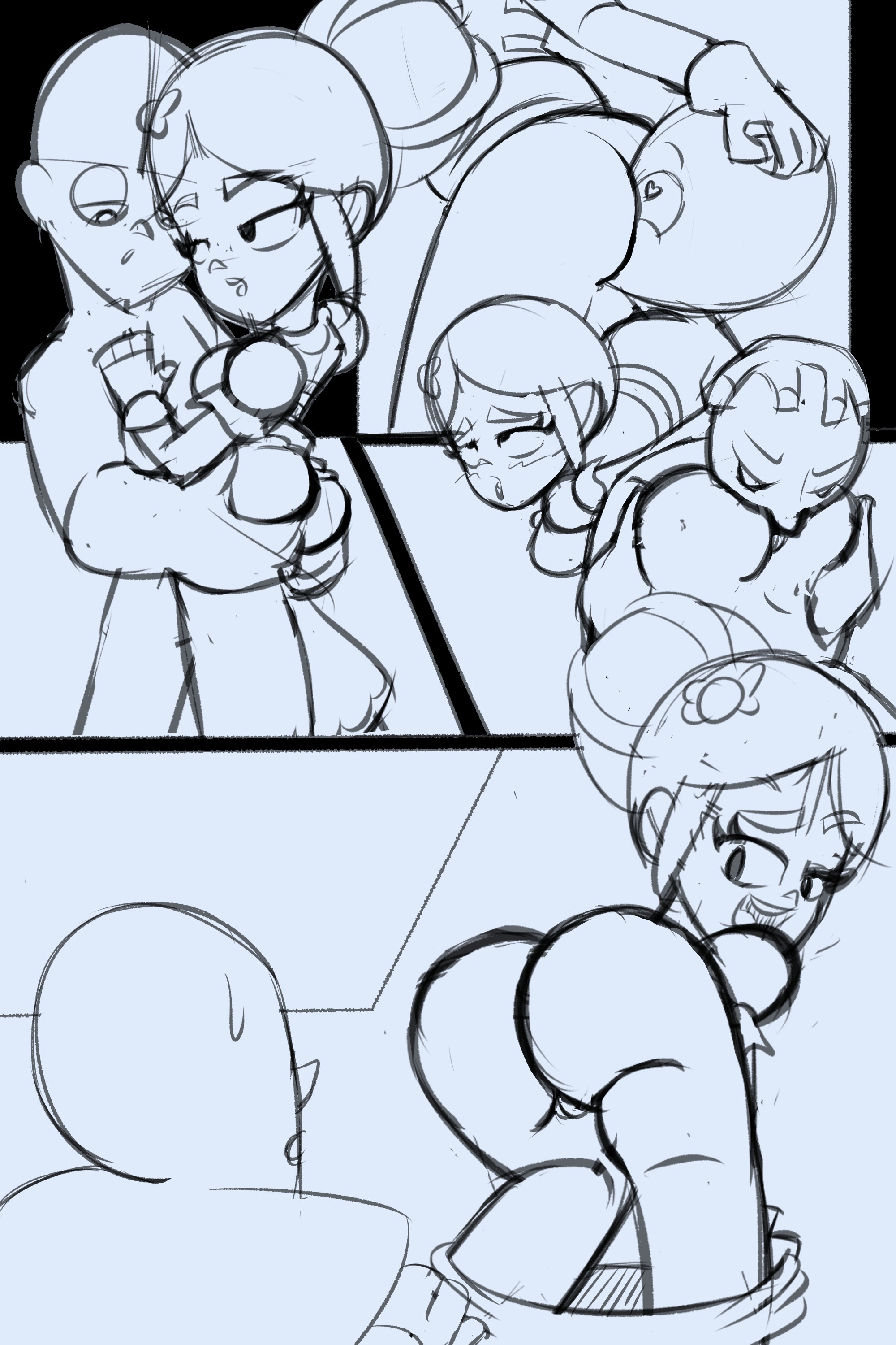 ass, ass eating, ass focus, ass grab, ass visible through thighs, brawl stars, clothed, clothed female, clothes, clothing, comic, comic page, dress, eating ass, facesitting, female, femdom, monochrome, papersketch, piper (brawl stars), sketch, sketch page, worship