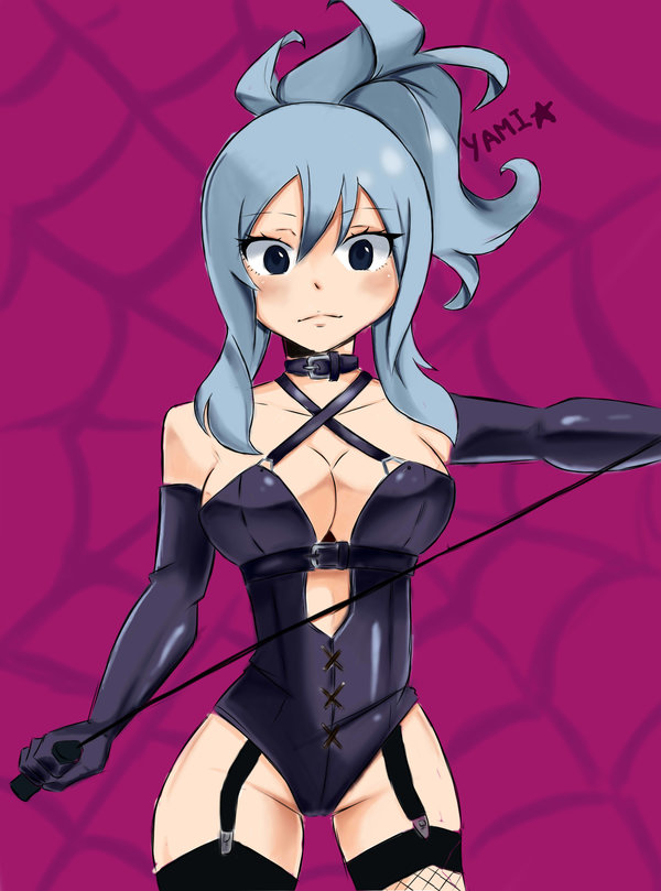 1girls, 2d, bdsm gear, big breasts, blue hair, blue-haired female, breasts, cleavage, collar, cowboy shot, dominatrix, fairy tail, female, female only, femdom, front view, human, juvia lockser, large breasts, long gloves, solo, stockings, whip, yaminoreturner