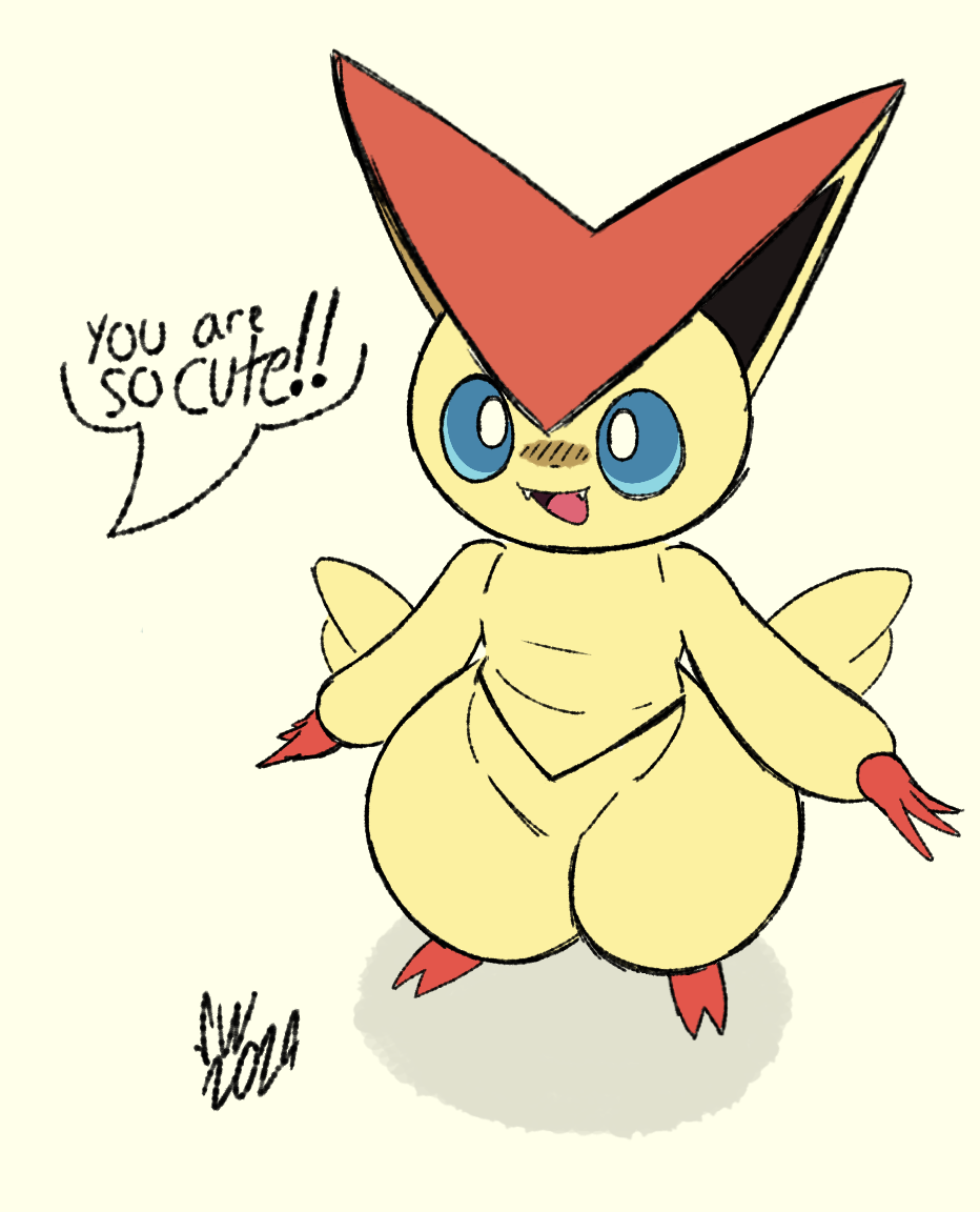 blue_eyes blush cute feral happy looking_up not_porn open_smile pokémon_(species) pokemon safe_for_work signature simple_background smile spinninswaws text thick_thighs victini wholesome