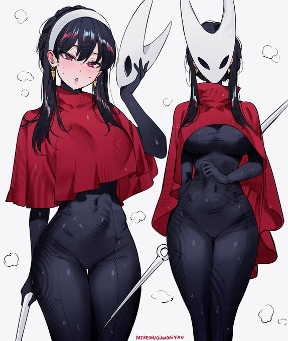 1girls, big breasts, black hair, bodysuit, breasts, cosplay, crossover, female, female only, hollow knight, hollow knight: silksong, hornet (hollow knight) (cosplay), milf, posing, qiandaiyiyu, red eyes, silksong, solo, spy x family, sweating, yor briar, yor forger
