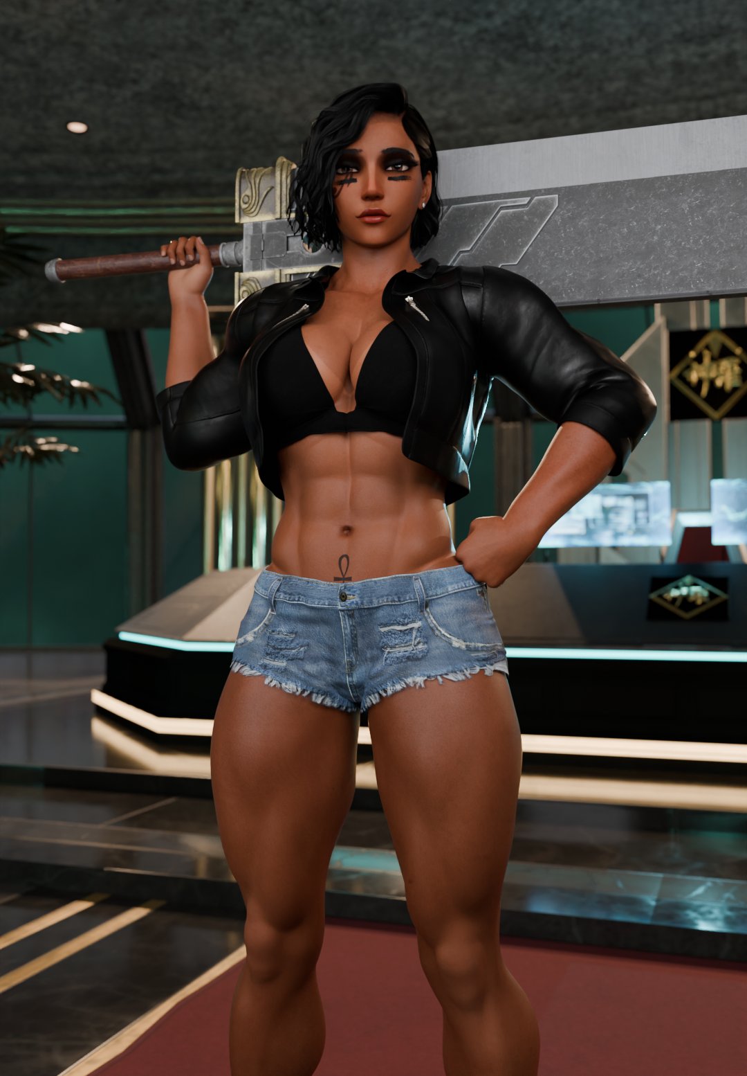 1girls 3d abs ass big_ass big_breasts blizzard_entertainment bra breasts burningastral buster_sword cropped_jacket dark-skinned_female dark_skin denim_shorts earrings facepaint fareeha_amari female female_only fit fit_female hand_on_hip mature_female milf muscular muscular_female overwatch overwatch_2 pharah short_hair solo solo_focus straight_hair tagme tattoo thick_thighs wavy_hair wide_hips