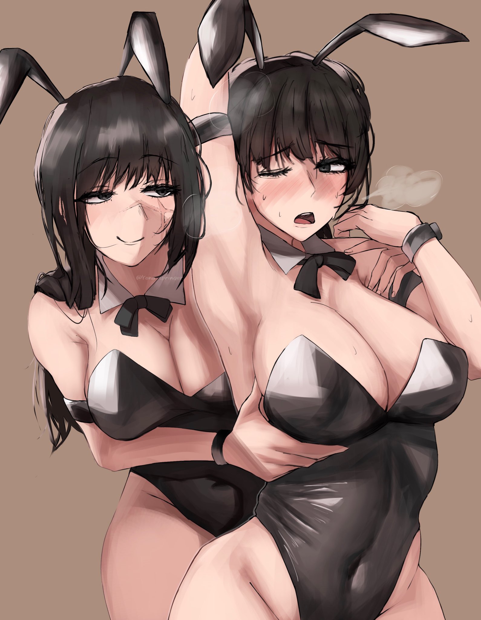 2girls, arm up, armpit, armpit fetish, big breasts, black hair, blush, blushing at partner, breasts, breath, bunny ears, bunny girl, bunnysuit, chainsaw man, clothing, female, female focus, female only, hand on breast, light skin, light-skinned female, long hair, looking at another, looking at partner, mitaka asa, multiple females, multiple girls, open mouth, scar on face, smile, smiling, smiling at partner, sweat, sweatdrop, sweating, yona springer, yoru (chainsaw man), yuri