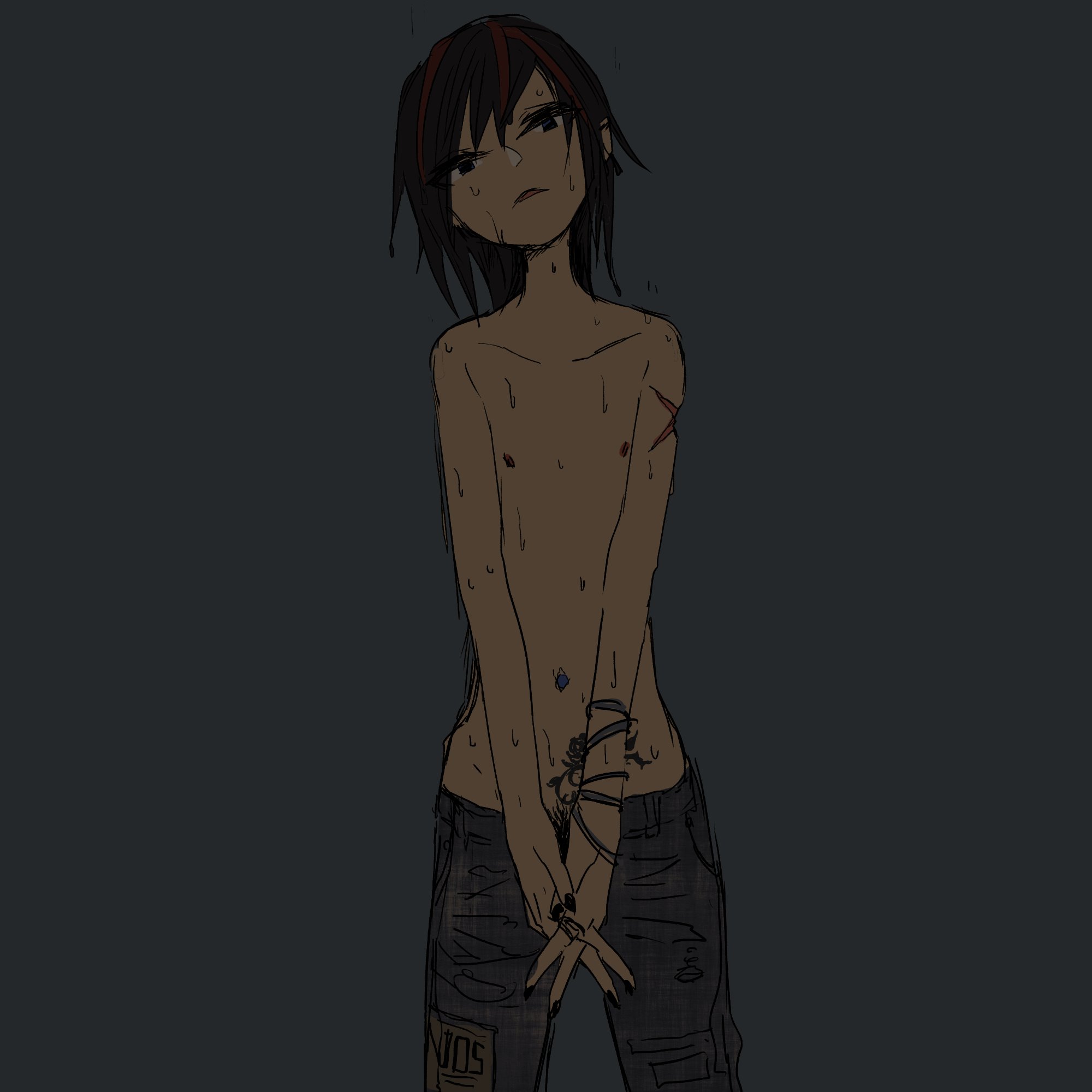 black hair, denim, female, flat chest, jeans, multicolored hair, nail polish, navel, navel piercing, nipples, ootorii bisetsu, original, pants, parted lips, piercing, pubic hair, pubic hair peek, red hair, reverse trap, scar, short hair, simple background, skinny, solo, tattoo, tomboy, topless, v arms, wet