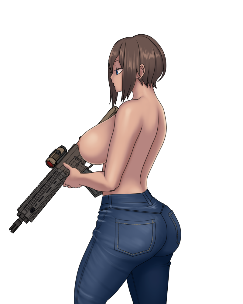 1girls alpha_channel ass assault_rifle back bare_arms bare_back bare_shoulders blue_eyes breasts brown_hair curvy dark_skin denim denim_shorts female_only gun heckler_&_koch hips hk416 holding huge_ass huge_breasts human large_breasts legs m27 m416 mature mk001black original ranged_weapon reese_(mk001black) rifle short_hair shorts sideboob simple_background solo solo_female thick_thighs thighs topless weapon white_background