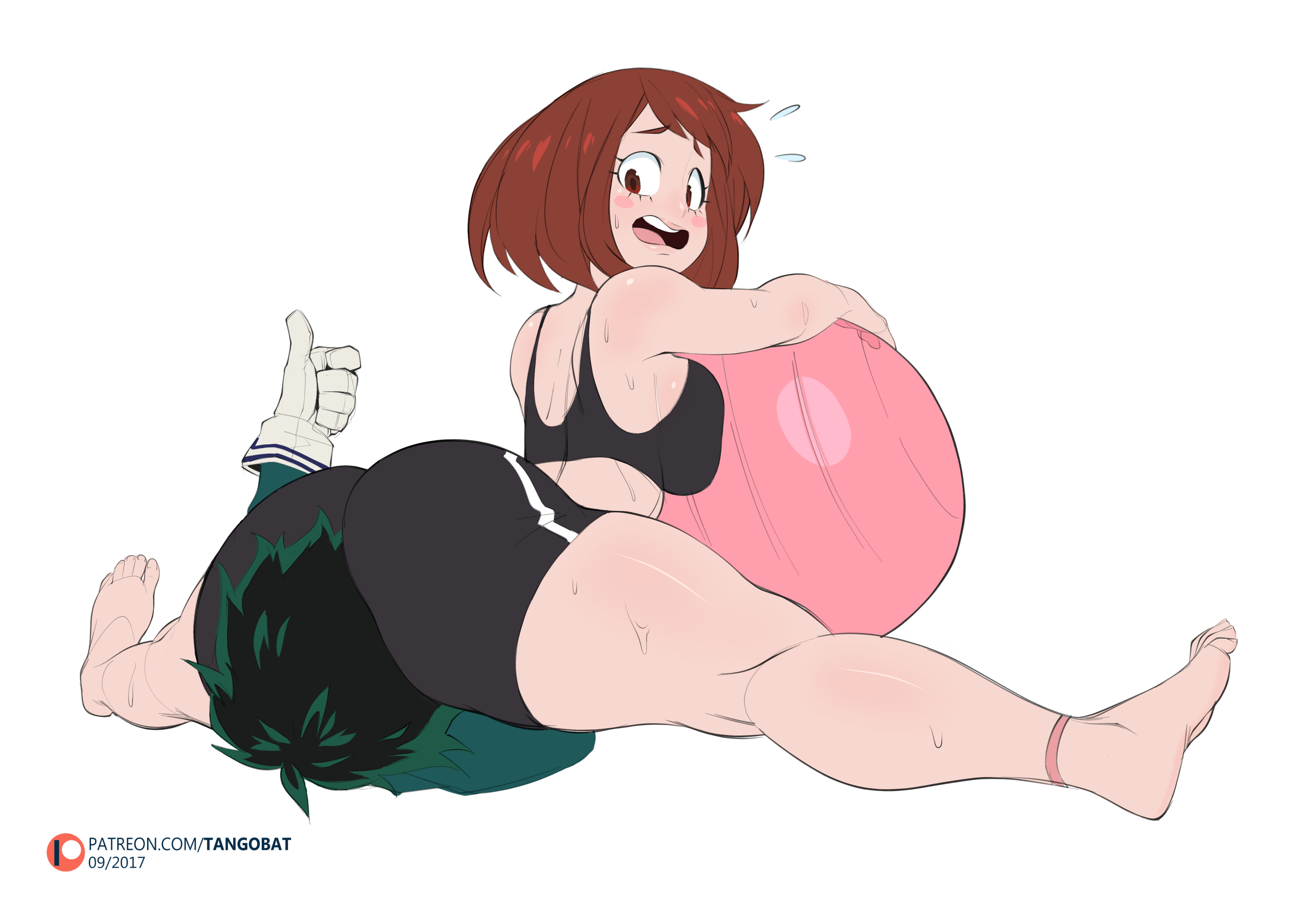 1boy, 1girls, 2017, absurdres, asphyxiation, ass, ball (object), barefoot, bike shorts, blush stickers, bra, breast squish, breasts, brown eyes, brown hair, canon couple, chubby female, clothed, death by snoo snoo, deku, duo, embarrassed, exercise ball, face, facesitting, fat ass, feet, female, female on top, flexible, full body, gesture, gloves, green hair, highres, huge ass, human, izuku midoriya, izuku midoriya (hero outfit), large breasts, lying, male, my hero academia, ochako uraraka, on back, open mouth, short hair, shorts, sideboob, simple background, sitting on person, smile, smothering, soles, splits, sports bra, spread legs, straight, sweat, tangobat, thick thighs, thumbs up, toes, white background, wide hips
