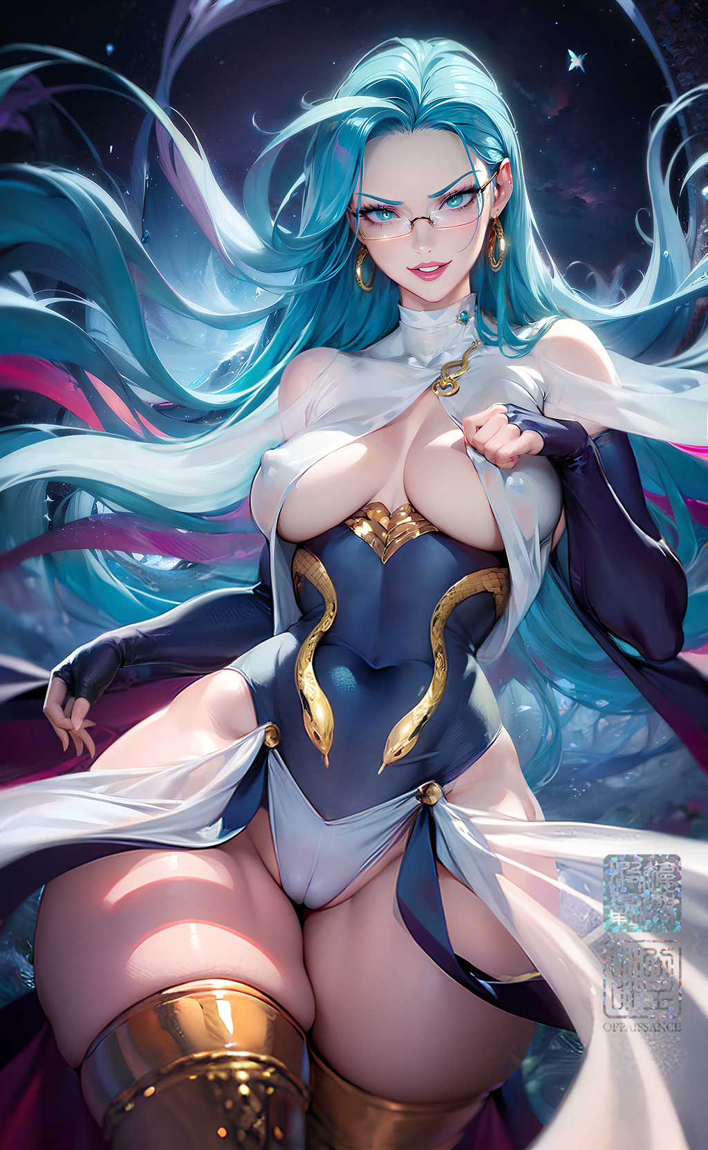 1girls ai_generated bare_legs bare_shoulders bare_thighs big_breasts blue_eyes blue_hair clothed clothing color female female_focus female_only glasses hi_res jewelry large_breasts light-skinned_female light_skin long_hair looking_at_viewer nipples_visible_through_clothing one-punch_man oppaissance psykos pussy_visible_through_clothes solo solo_female stockings tagme thick_thighs