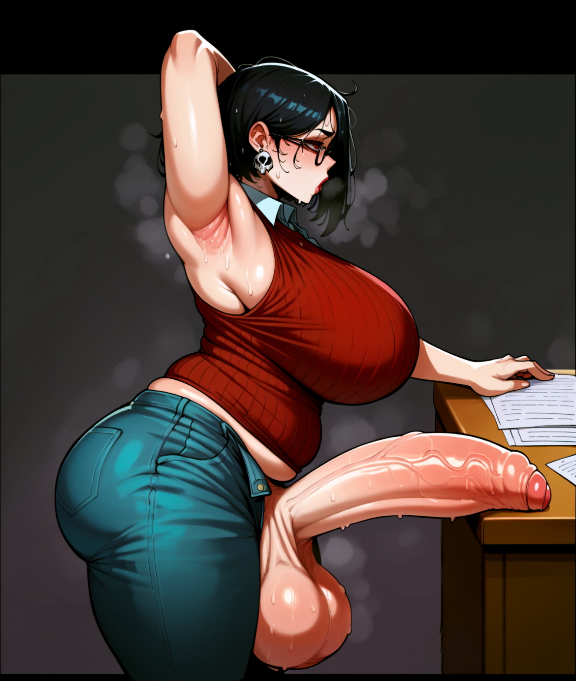 ai generated, balls, black hair, black-haired futa, breasts, chubby, female, futanari, huge breasted futa, huge breasts, huge cock, intersex, penis, sweat, sweating, sweaty balls, teacher, veiny penis, venus body, venus futa