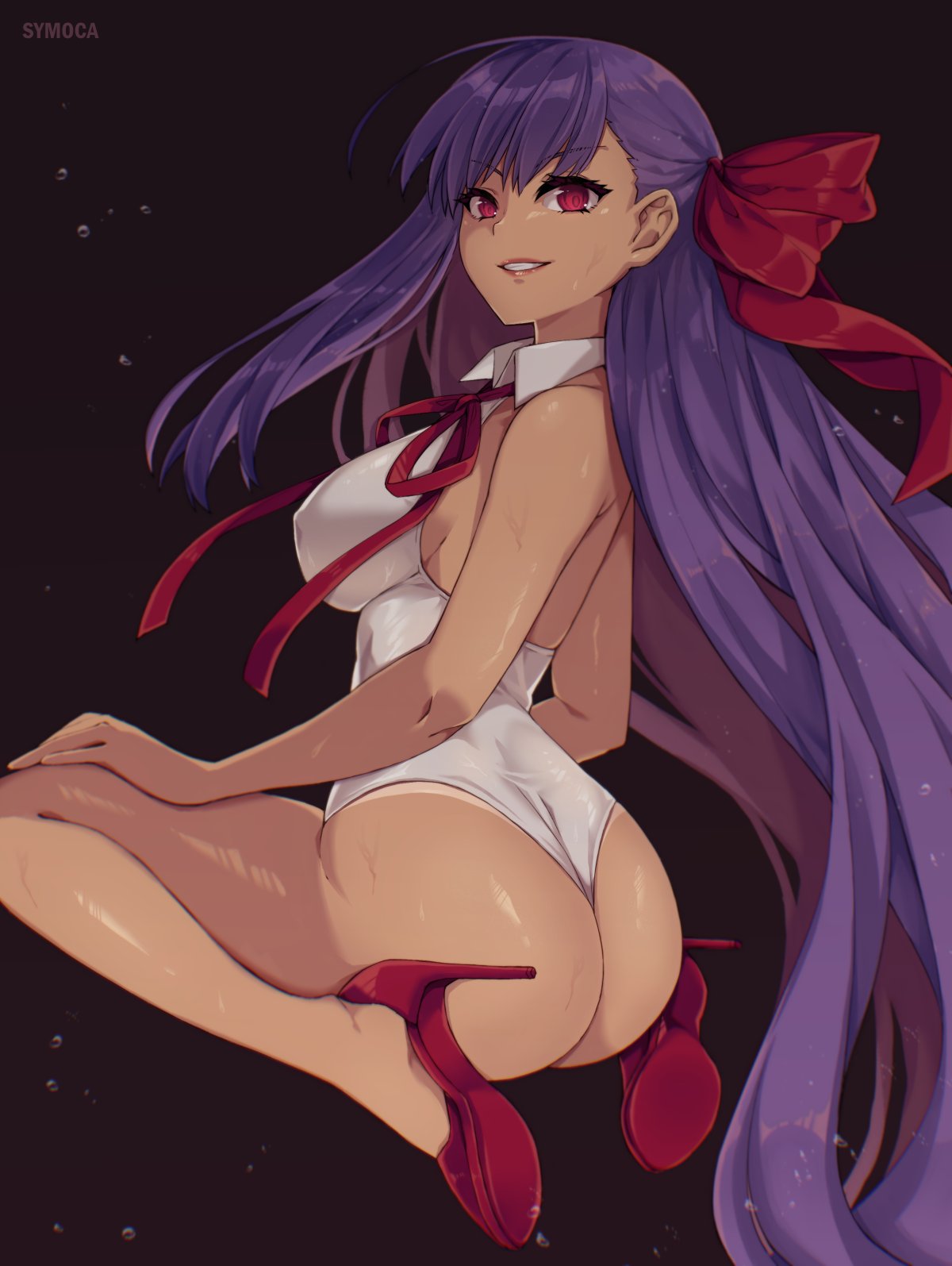 1girls 2024 artist_name ass bb_(fate) dat_ass eyebrows eyebrows_visible_through_hair fate/extra_ccc fate/grand_order fate_(series) hair_ribbon high_heels kneeling long_hair looking_at_viewer purple_hair red_eyes shoes simple_background solo solo_female solo_focus symoca