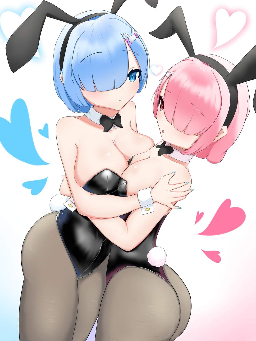 2d, 2girls, ass, asymmetrical docking, bangs, big breasts, blue eyes, blue hair, bowtie, breast press, breasts, bunny ears, bunnysuit, cleavage, fake animal ears, female, female only, hair ornament, hair over one eye, heart, matching hair/eyes, multiple females, multiple girls, pestip108, pink eyes, pink hair, ram (re:zero), re:zero kara hajimeru isekai seikatsu, rem (re:zero), short hair, sisters, thick thighs, thighs, twins