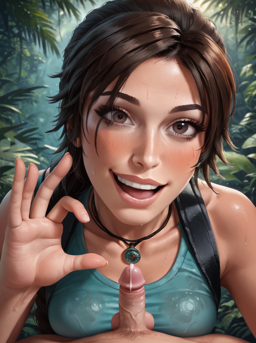 1boy 1girls ai_generated balls clothed_female_nude_male cum exposed_penis lara_croft little_penis looking_at_viewer makychan partial_male penis small_penis small_penis_humiliation testicles tomb_raider