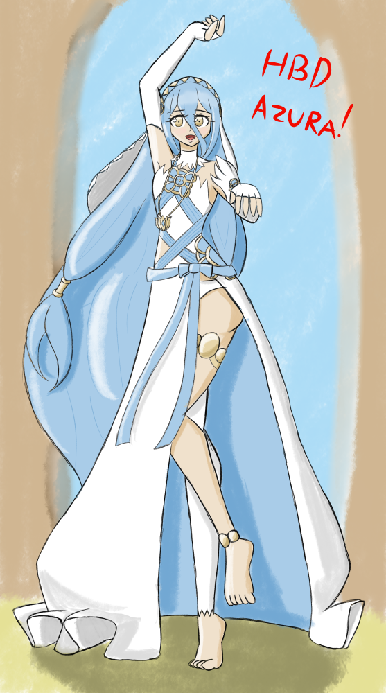 1girls arm_up ass asymmetrical_clothes asymmetrical_legwear azura_(fire_emblem) bare_legs birthday blue_hair dancer dancing dress elbow_gloves female female_only fingerless_gloves fire_emblem fire_emblem_fates gloves hair_between_eyes happy_birthday hen_nerd legs light_blue_hair long_hair looking_at_viewer necklace nintendo open_mouth panties pose reaching_out reaching_towards_viewer side_slit smile solo standing_on_one_leg tiptoes underwear very_long_hair white_panties yellow_eyes