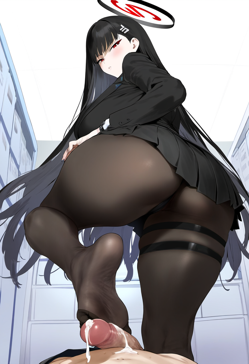 ai generated, ass, big ass, big breasts, black hair, blue archive, breasts, cum, cum on penis, disgusted, feet, female, foot fetish, footjob, light skin, light-skinned female, light-skinned male, long hair, male, pantyhose, penis, red eyes, rio (blue archive), small penis, soles, tagme, thick thighs, toes, tomato cake, uncensored