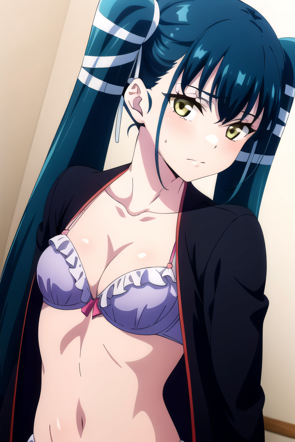 ai_generated artist_request azuma_yachiho bra breasts cleavage female green_hair highres long_hair mato_seihei_no_slave navel solo tagme twintails underwear yellow_eyes