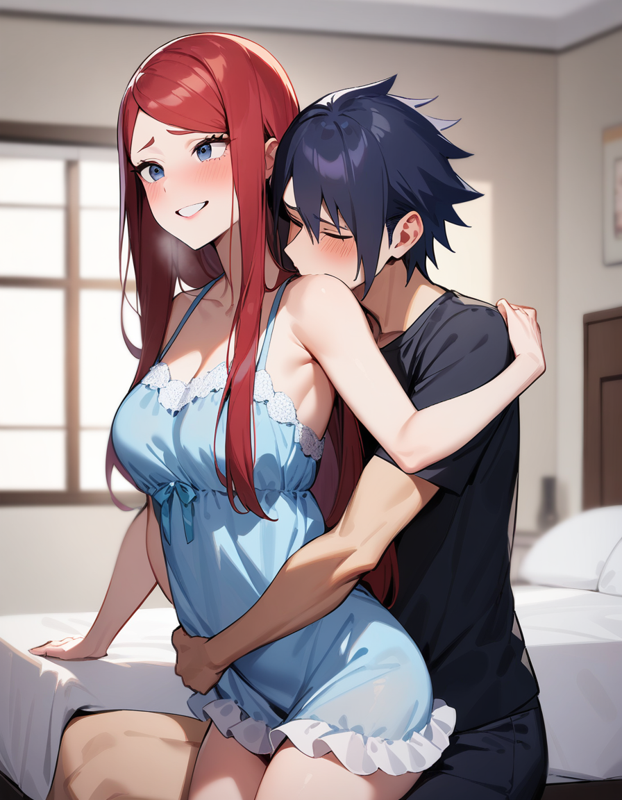 1boy ai_generated cheating female happy hugging_from_behind long_hair milf naruto nightie red_hair rtxfus sasuke_uchiha uzumaki_kushina