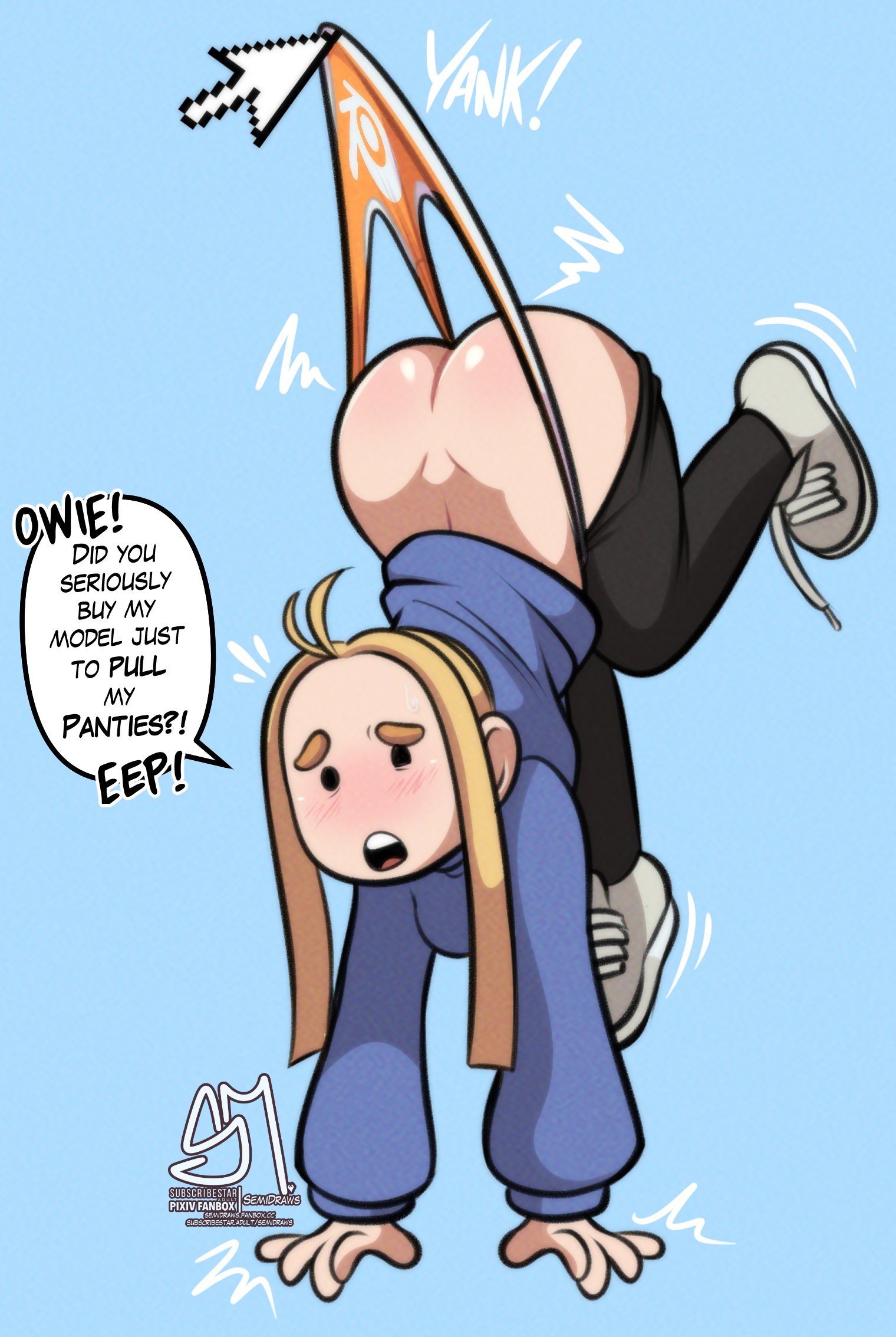 1girls, 2d, 2d (artwork), anus, ass, ass crack, big ass, breasts, butt crack, clothing, fat ass, female, female only, hoodie, human, large ass, light skin, light-skinned female, open clothes, panties, pussy, savannahxyz, semidraws, shiny skin, solo, solo female, solo focus, sweater, text, text bubble, thick thighs, thighs, tight clothes, tight clothing, tight pants, wedgie, wedgie fetish, wide hips, youtube, youtuber