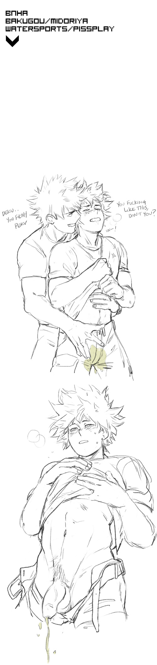 duo, duo focus, gay, izuku midoriya, katsuki bakugou, male, male focus, my hero academia, peeing, peeing self, tagme, urinating, urinating male, urination, watersports, yaoi