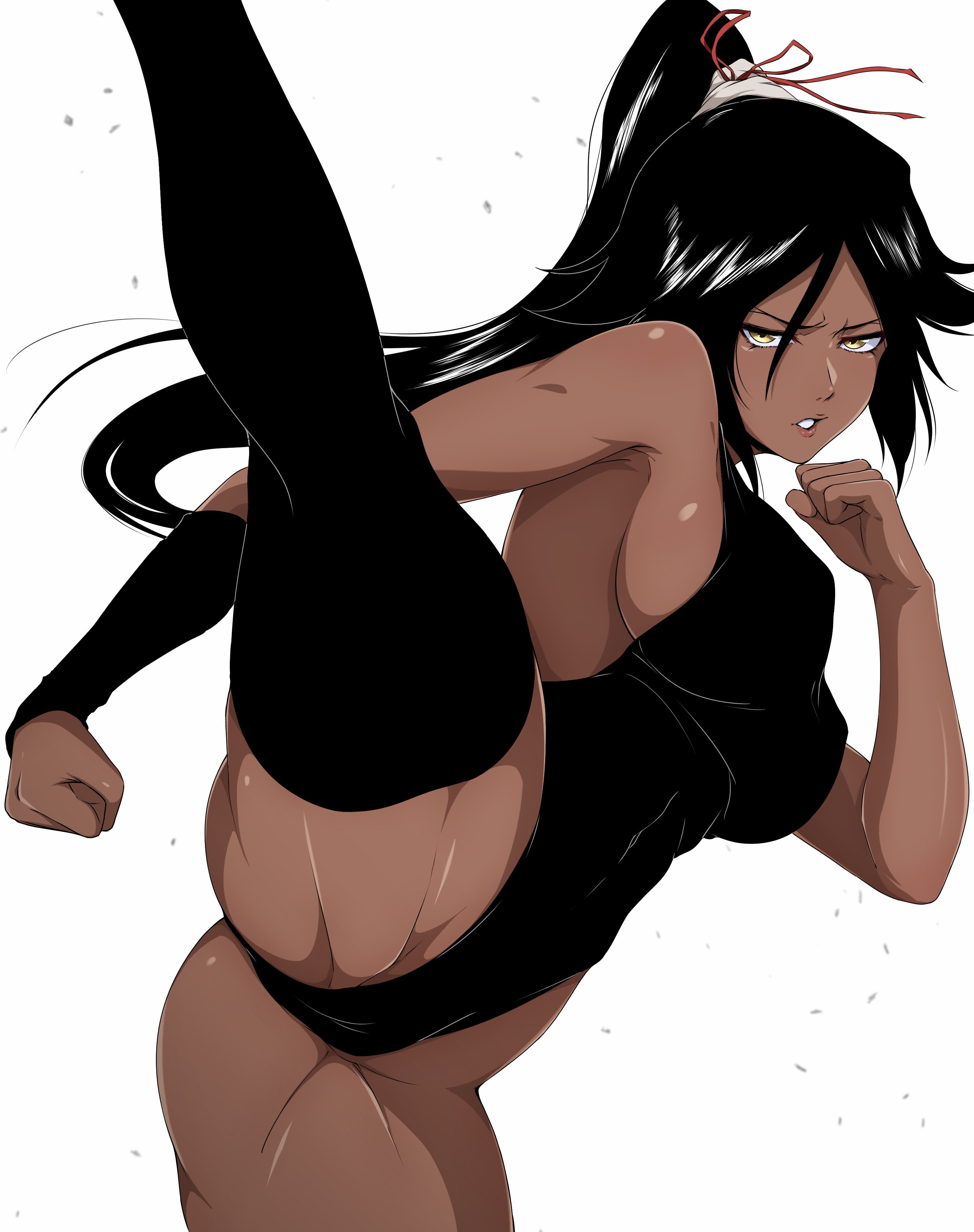 absurdres, black hair, black leotard, black thighhighs, bleach, breasts, clenched hands, dark skin, dark-skinned female, female, groin, hair between eyes, hair ribbon, high kick, highleg, highleg leotard, highres, kicking, large breasts, legs, leotard, long hair, looking at viewer, muscular, muscular female, nishizuki shino, parted bangs, ponytail, ribbon, shihouin yoruichi, sideboob, solo, standing, standing on one leg, thighhighs, white background, yellow eyes