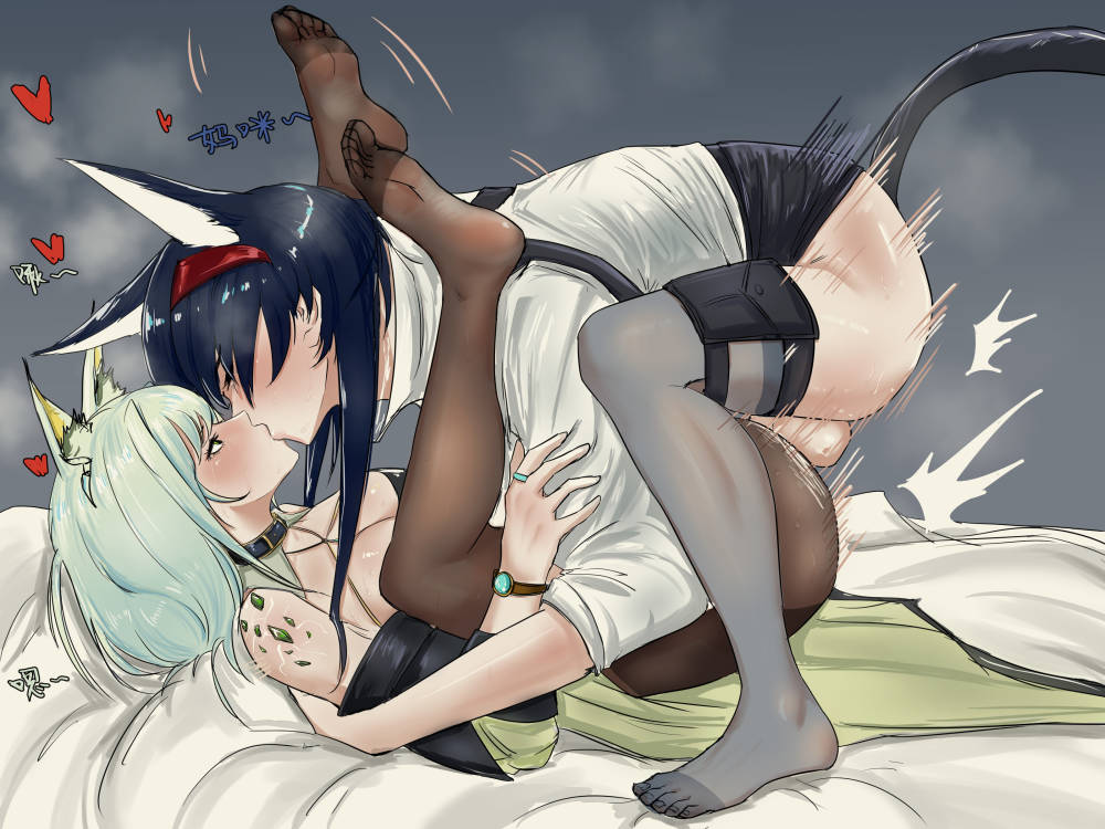 1futa 1girls alternate_version_available arknights atakumi10 balls big_breasts black_hair blaze_(arknights) bottomless breasts cat_ears cat_tail clothed clothing duo female futa_on_female futanari human kal'tsit_(arknights) kissing light-skinned_female light-skinned_futanari light_skin long_hair mating_press mostly_clothed on_back pantyhose penis sex squatting thighhighs vaginal_penetration white_hair