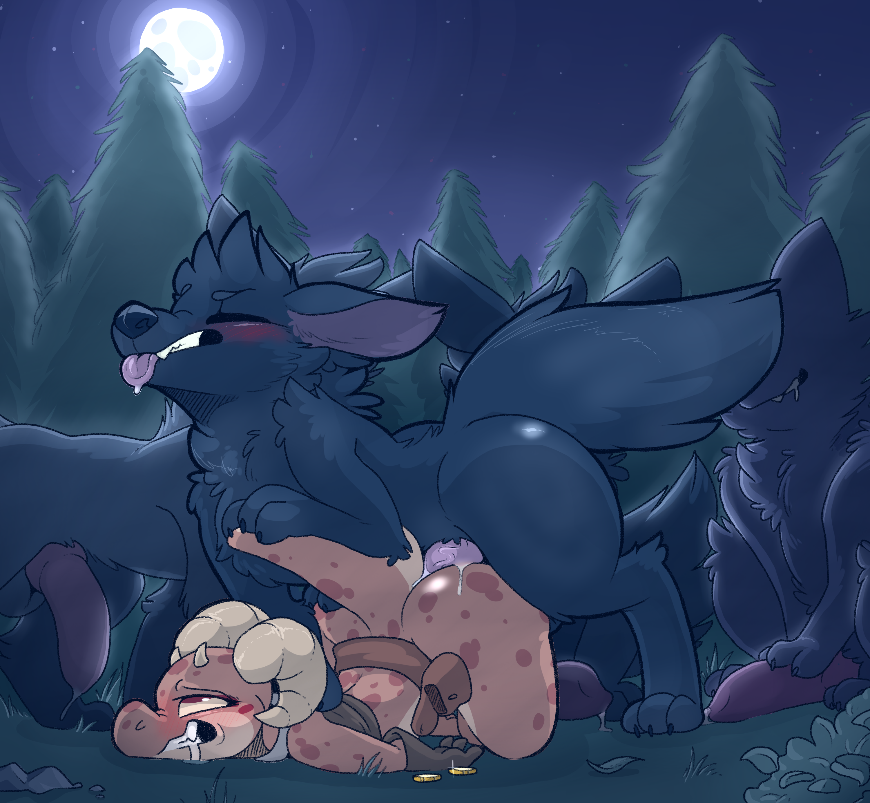 2018, anal, animal genitalia, animal penis, anthro, ass, backsash, balls, bestiality, blush, canine, canine penis, claws, clenched teeth, clothing, detailed background, digital media (artwork), erection, female, feral, from behind (disambiguation), fur, group, knot, kobold, male, mammal, night, outside, penis, piko (simplifypm), rape, red eyes, reptile, scalie, sex, sky, teeth, the simplifypm-verse, toe claws, tongue, tongue out, vein, wolf, zoophilia