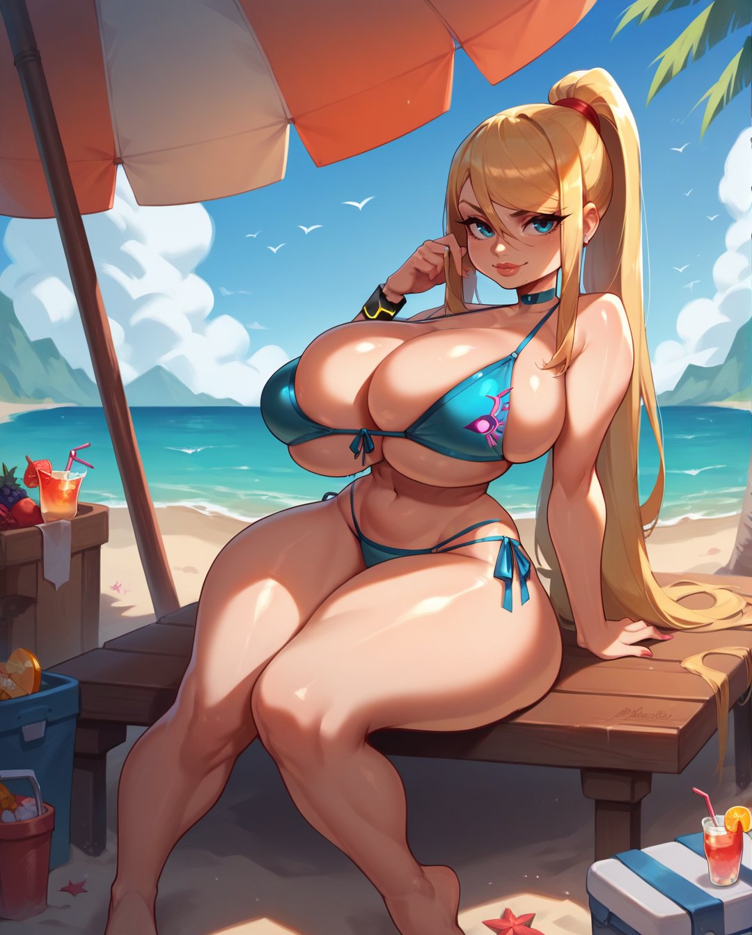 1girls, ai generated, big breasts, bikini, breasts, female, female only, looking at viewer, metroid, nintendo, ponytail, rocksolidart, samus aran, solo, solo female