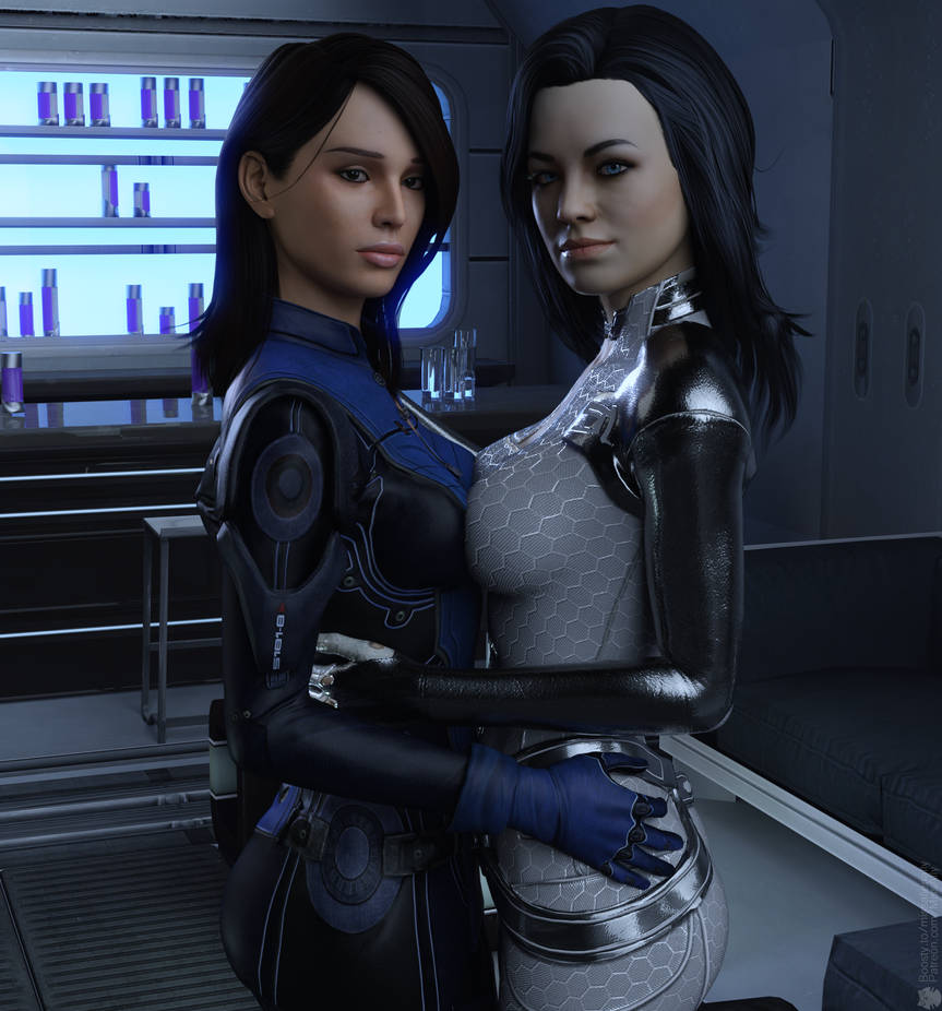 2girls, 3d, artist request, ashley williams, black hair, body hair, breast to breast, breasts, breasts touching, female, female only, human, lesbian, looking at viewer, mass effect, mass effect (series), mass effect 2, mass effect 3, miranda lawson, side view, tagme, tagme (artist), unknown artist, yuri