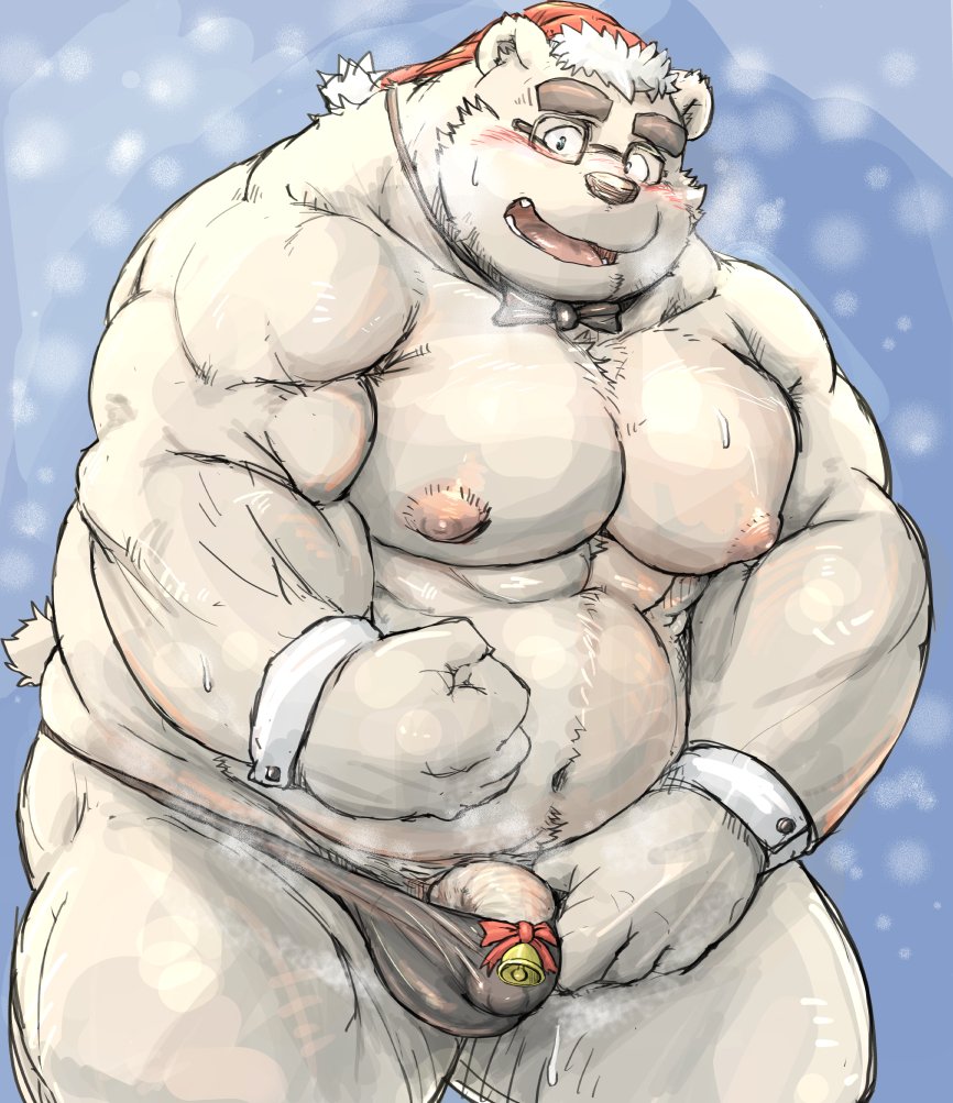 2017 anthro belly blush bodily_fluids bulge christmas clothing eyewear fur glasses hat headgear headwear holidays humanoid_hands kotobuki male male_only mammal moobs navel nipples overweight overweight_male penis polar_bear santa_hat solo sweat teeth tongue underwear ursid ursine white_fur