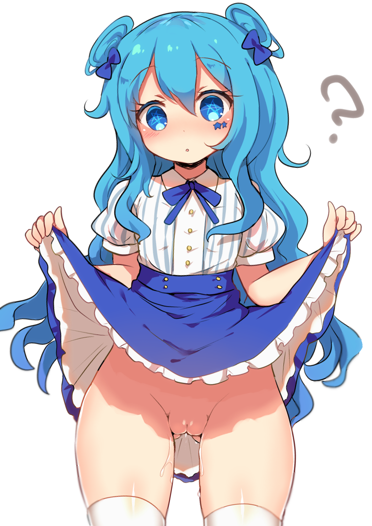 :o ? bangs blue_bow blue_eyes blue_hair blue_skirt blush bow commentary_request cowboy_shot eyebrows_visible_through_hair facial_mark female frilled_skirt frills groin hair_between_eyes hairbow lifted_by_self long_hair nose_blush original parted_lips puffy_short_sleeves puffy_sleeves pussy pussy_juice renoa_yu shirt short_sleeves simple_background skirt skirt_lift solo standing star star-shaped_pupils striped striped_shirt symbol-shaped_pupils thighhighs two_side_up vertical-striped_shirt vertical_stripes very_long_hair white_background white_legwear white_shirt