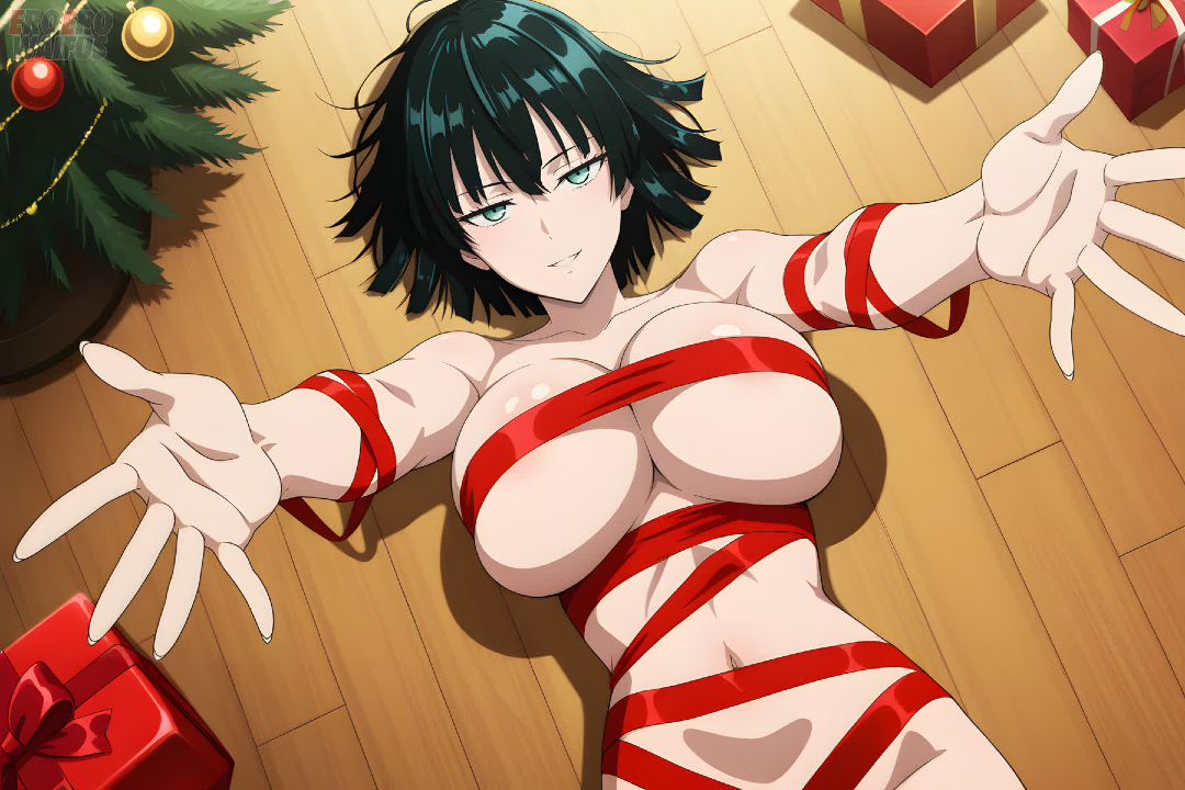 ai generated, christmas, eroero waifus, fubuki (one-punch man), gift wrapped, gigantic breasts, green eyes, green hair, huge breasts, light skin, light-skinned female, looking at viewer, massive breasts, one-punch man, short hair, smiling, solo female, squatting, sweat, sweatdrop, thick body, thick female, voluptuous, voluptuous female, wrapped