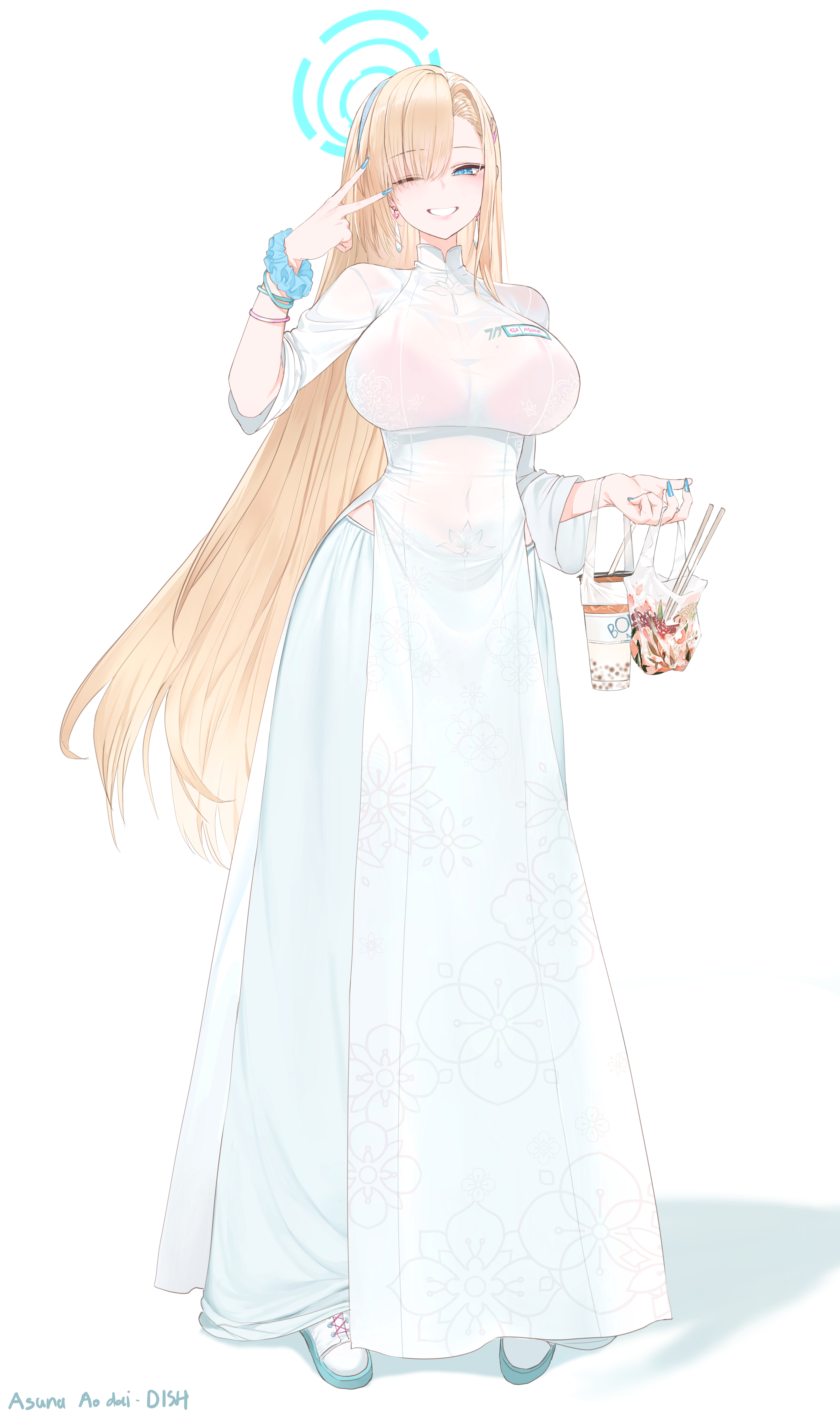1girls, ao dai, asuna (blue archive), big breasts, blonde hair, blue archive, blue eyes, bra, bra visible through clothes, bracelet, bracelets, breasts, clothed, curvy, dishwasher1910, dress, earrings, female, female only, hair over one eye, hairband, hairclip, half-closed eyes, halo, highres, holding bag, huge breasts, large breasts, light skin, light-skinned female, long dress, long hair, looking at viewer, nail polish, nails, one eye closed, shoes, skirt, sleeves, smile, solo, tagme, waist, white background, white dress, white skirt, wink, winking