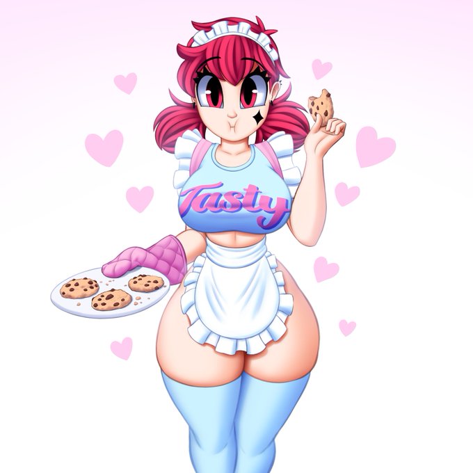 1female 1girls 2d 2d_(artwork) 2d_artwork :i adorable apron ass big_ass big_breasts big_butt breasts clothed clothed_female clothing cookie cute earrings eating eating_food female female_only food hair heart hourglass_figure huge_breasts large_breasts looking_at_viewer magenta_eyes magenta_hair maid_apron milk offering_drink offering_to_viewer original original_character pink_hair plate saymanart short_hair simple_background solo solo_female tattoo_on_face text thick_thighs thighhighs twintails vinyl_(saymanart) voluptuous voluptuous_female white_background