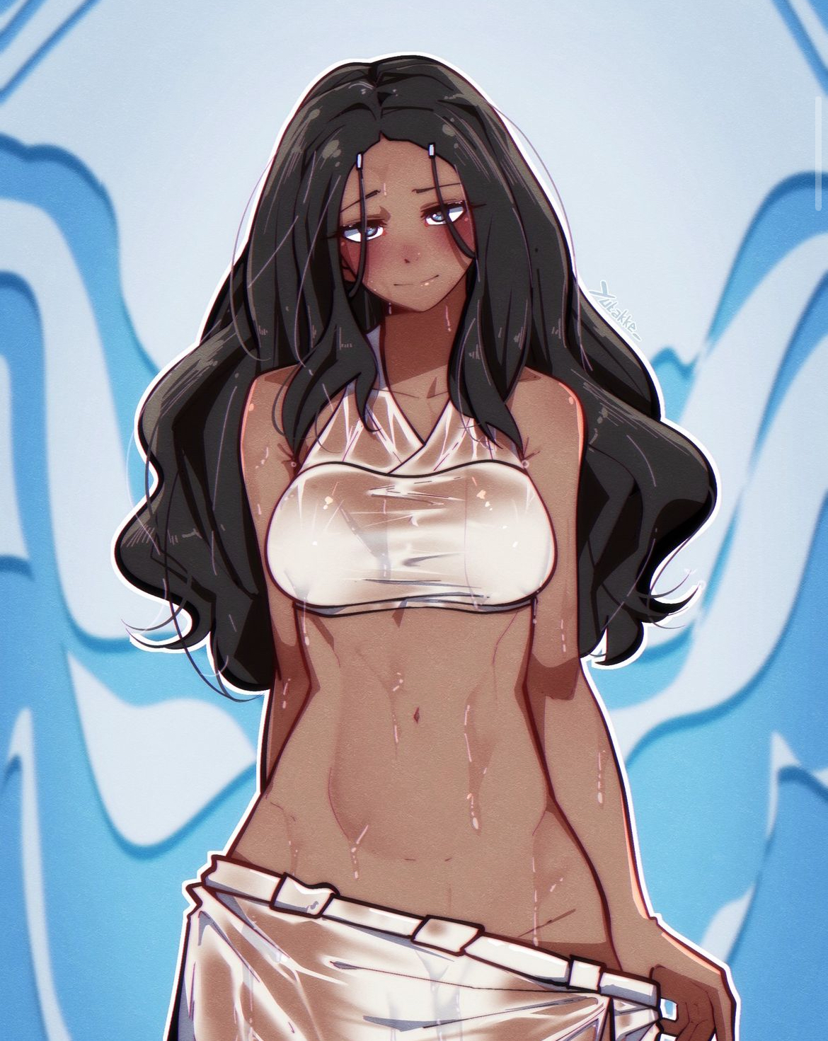 1girls, avatar legends, avatar the last airbender, bedroom eyes, blush, child bearing hips, dark skin, dark-skinned female, female, hair down, katara, long hair, looking at viewer, lustful gaze, midriff, naughty face, sarashi, smile, teenager, thin waist, underwear, underwear pull, undressing, water, water tribe, wet, wet clothes, wet hair, wide hips, yutakke