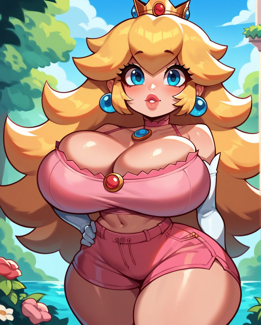 1girls, ai generated, big breasts, blonde hair, breast focus, breasts, busty, cleavage, curvy, elbow gloves, female, female only, front view, gigantic breasts, gloves, hair fetish, hourglass figure, huge breasts, huge hips, huge thighs, human, mario (series), midriff, naughty face, navel, princess peach, rocksolidart, solo, solo female, standing, thick lips, thick thighs, very long hair, voluptuous, wavy hair, wide hips