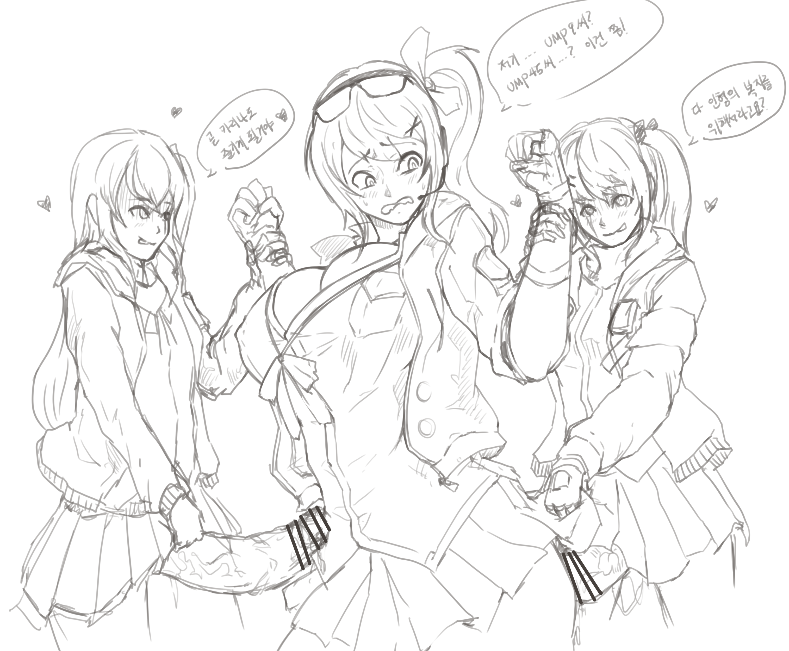 1girls, 2futas, clenched teeth, clothing, female, futa on female, futanari, girls' frontline, huge cock, imminent rape, intersex, kalina (girls' frontline), korean text, larger female, monochrome, penis, restrained, short hair, skirt, small but hung, small dom big sub, smaller futa, text, translation request, ump45 (girls' frontline), ump9 (girls' frontline), zer0artzer0