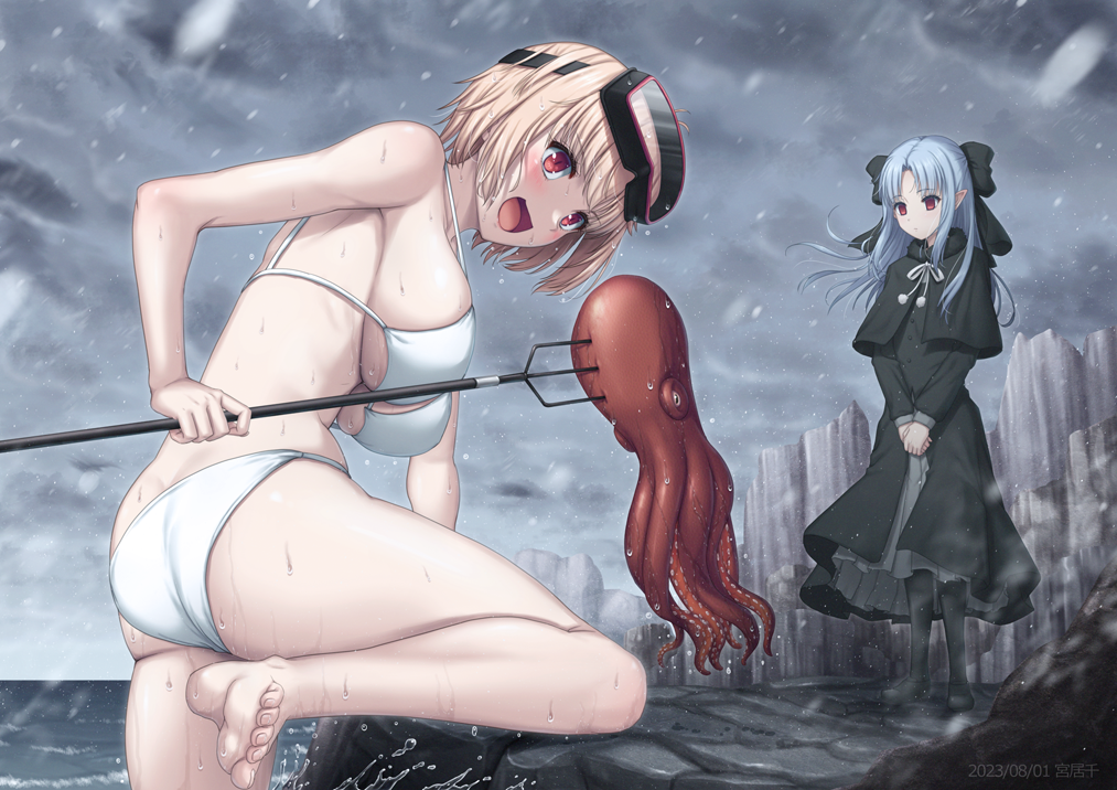 1animal 2girls ahoge arcueid_brunestud ass big_ass big_breasts bikini black_bow blonde_hair blue_hair blush breasts carnival_phantasm cephalopod cleavage cloudy_sky dress feet female female_only huge_ass kagetsu_tohya large_breasts len_(tsukihime) long_hair medium_hair melty_blood multiple_girls octopodiform octopus outside rain red_eyes smile solo storm succubus swimsuit toes trident tsukihime type-moon vampire vampire_girl water white_bikini white_swimsuit