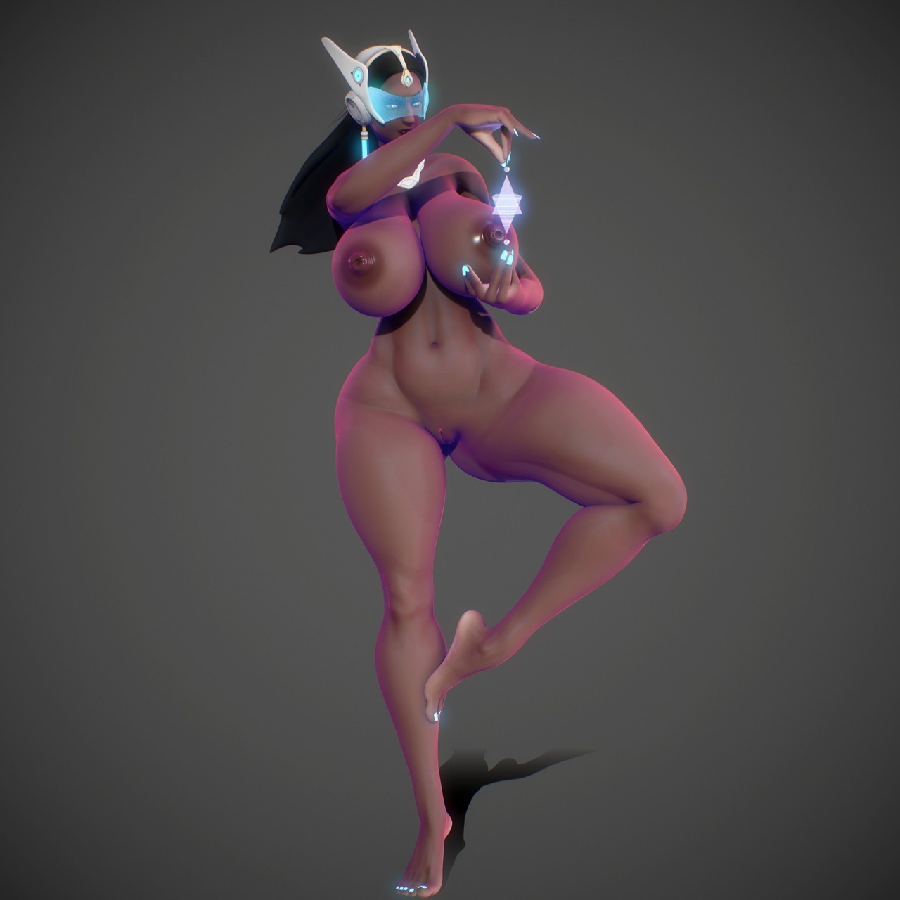 1girls, 3d, abs, areolae, ass, barefoot, blender, blizzard entertainment, breasts, dark skin, dark-skinned female, endlessillusion, erect nipples, fat ass, female, female only, huge areolae, huge ass, huge breasts, huge nipples, nipples, overwatch, simple background, solo, symmetra, tagme, thick thighs, wide hips