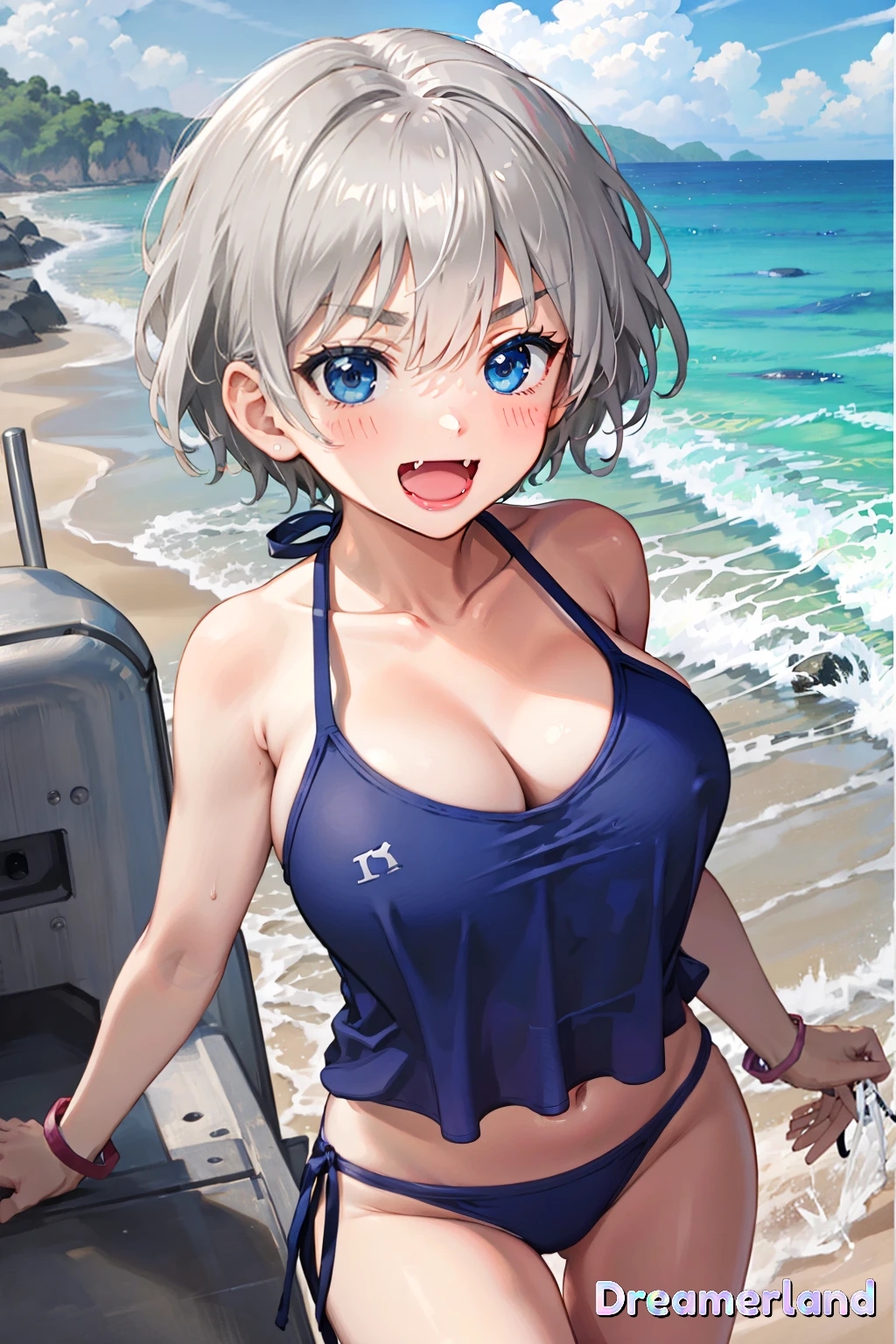 ai_generated beach blue_bikini blue_eyes blue_tank_top blue_thong faceless_male grey_hair looking_at_viewer open_mouth sea short_hair smile uzaki-chan_wa_asobitai! uzaki_hana water watermark