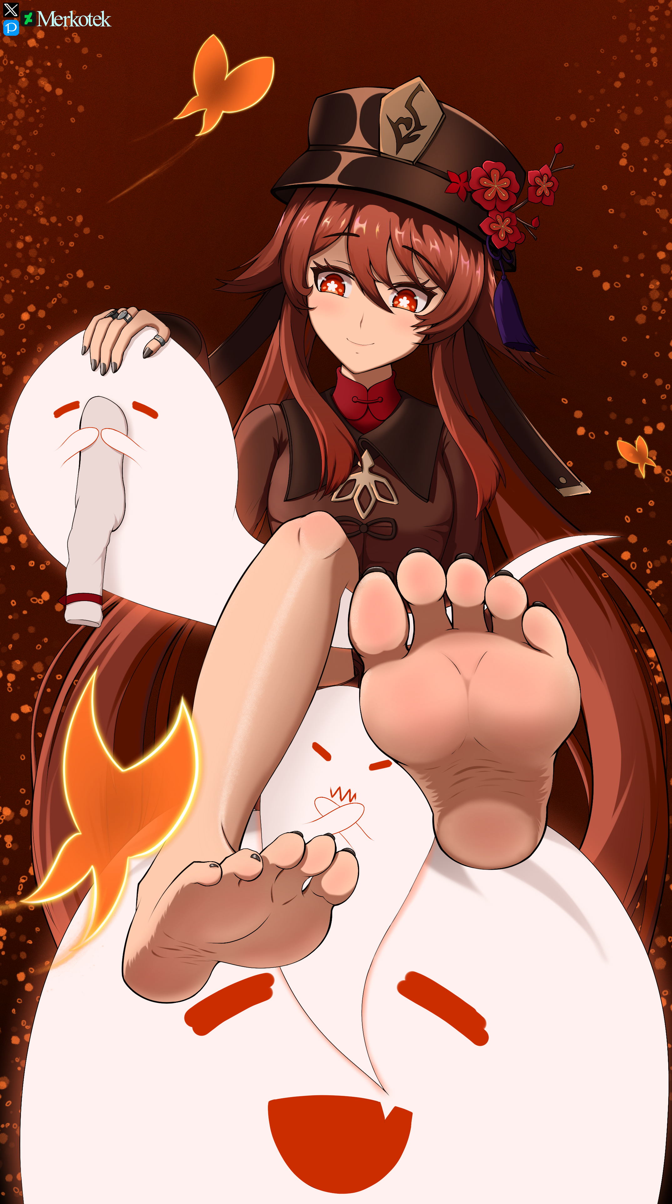 feet, female, female only, foot fetish, foot focus, genshin impact, ghost, hu tao (genshin impact), merkotek, soles