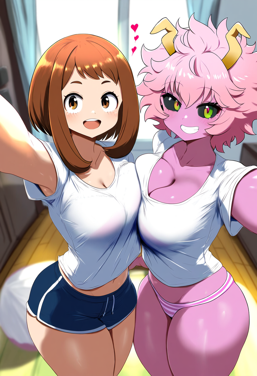 ashido_mina bedroom big_breasts cleavage dorm dorm_room heart mina_ashido my_hero_academia ochako_uraraka panties selfie shorts smile t-shirt thighs