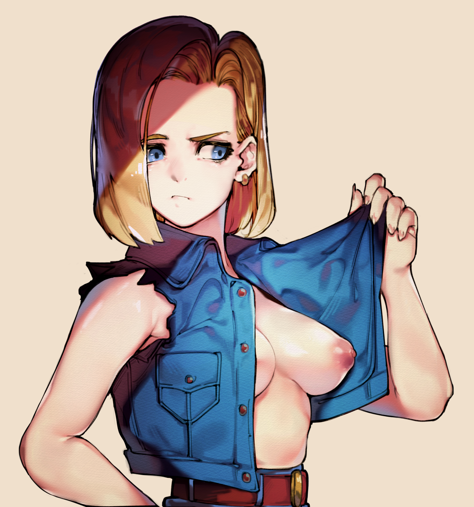 1girls, android 18, big areola, big breasts, blonde hair, blue eyes, breasts, denim clothing, denim jacket, dragon ball, dragon ball z, erect nipples, female, female focus, female only, nipples, no bra, puffy nipples, roropull, short hair, vest