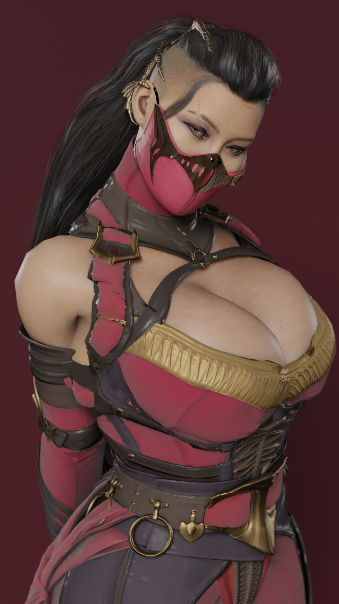 3d, 3d (artwork), 3d model, big breasts, blender, blender eevee, breasts, cleavage, edenian, female, huge breasts, large breasts, mileena, mileena (new era), mortal kombat, mortal kombat 1 (2023), supurattabrain, tarkatan