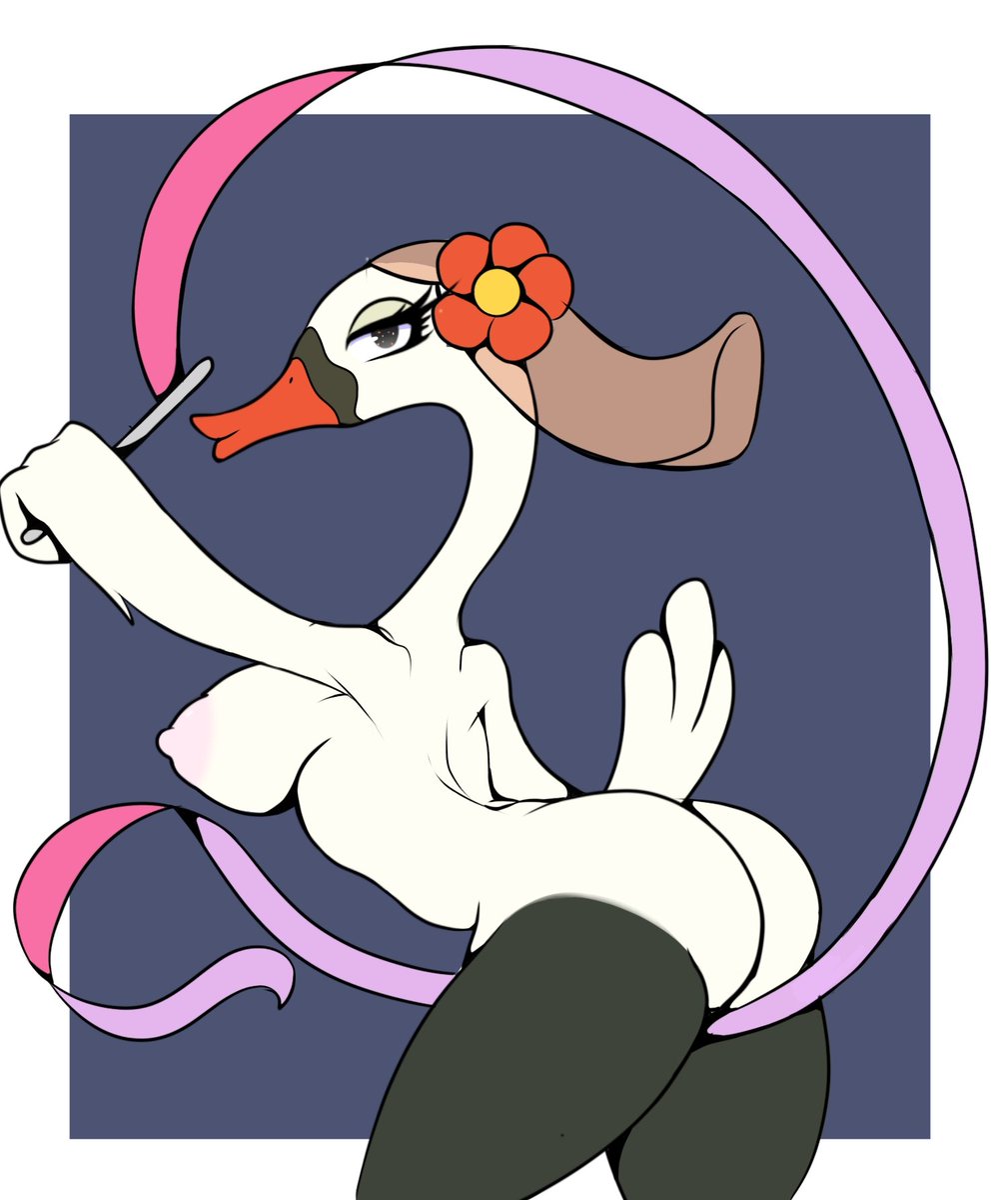 anatid anseriform anserinae anthro ass avian big_breasts big_butt bird breasts feathers female flower_accessory hi_res leaning long_neck nachete_el_oso nipples principal_swan_(kiff) rear_view ribbons solo swan tail tail_feathers wide_hips