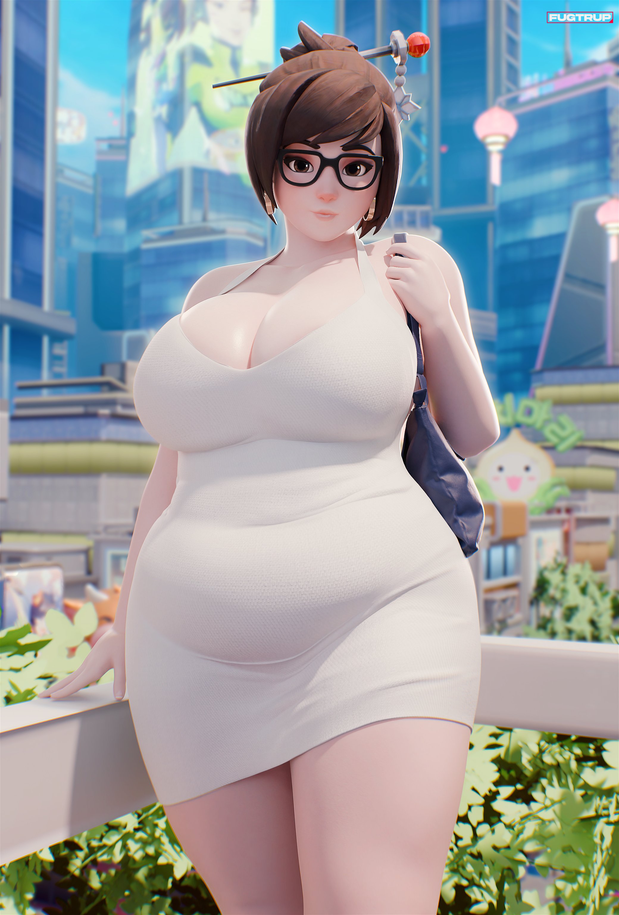 1girls, 3d, asian, asian female, belly, breasts, brown eyes, brown hair, chubby, chubby female, city, cleavage, clothed, covered navel, earrings, fat, female, female only, fugtrup, fully clothed, glasses, hair bun, hair ornament, hairpin, large breasts, looking at viewer, mei (overwatch), minidress, outside, overwatch, overwatch 2, pale skin, short hair, slightly chubby, solo, thick, thick thighs, thighs, voluptuous