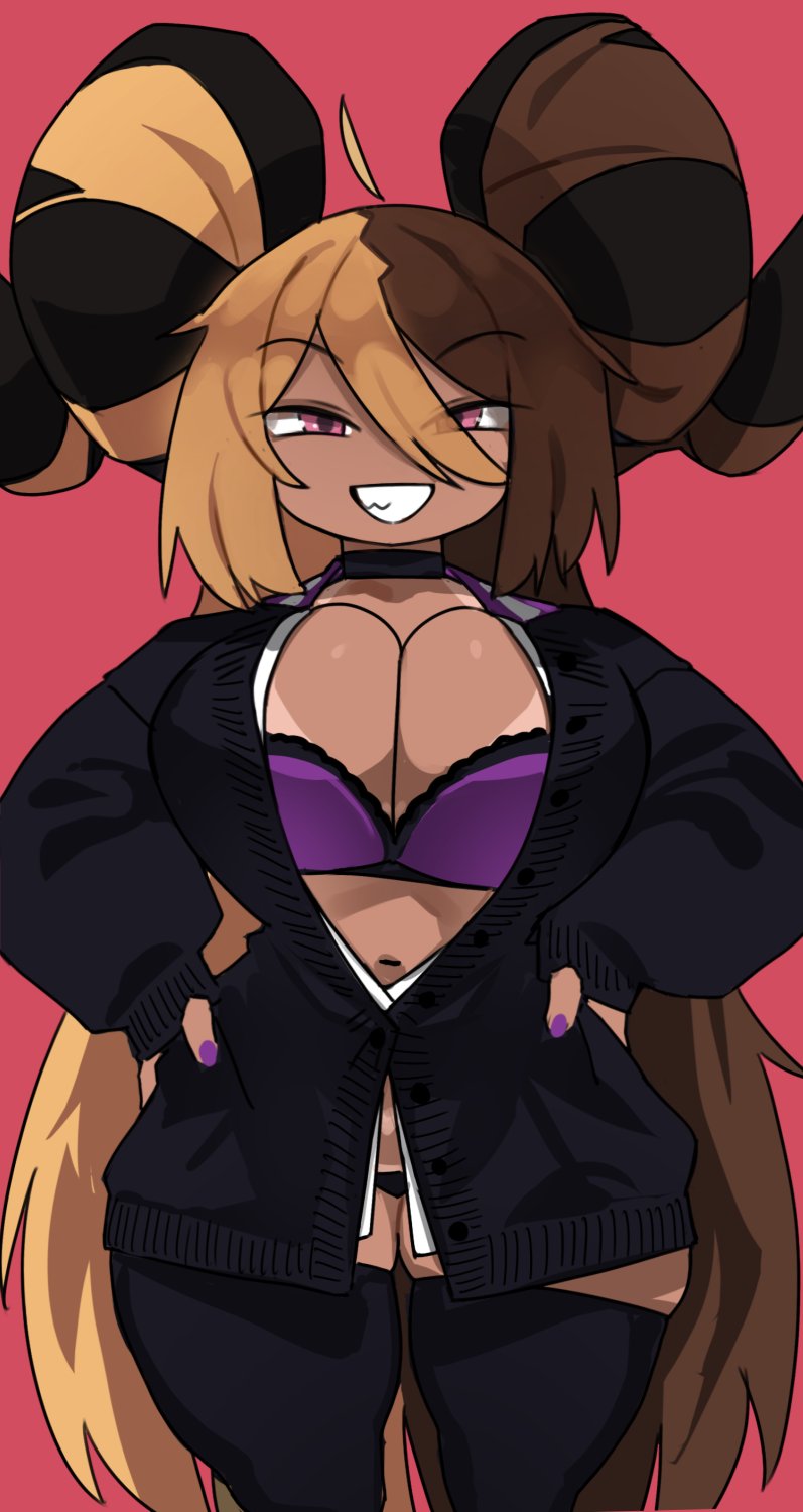 1girls, aife (zanamaoria), big horns, blonde hair, breasts, brown hair, brown skin, curved horns, demon, female, hair on horn, hi res, horns, huge breasts, long hair, looking at viewer, original, original character, shortstack, smile, smiling, smiling at viewer, smug, succubus, two-tone hair, zanamaoria